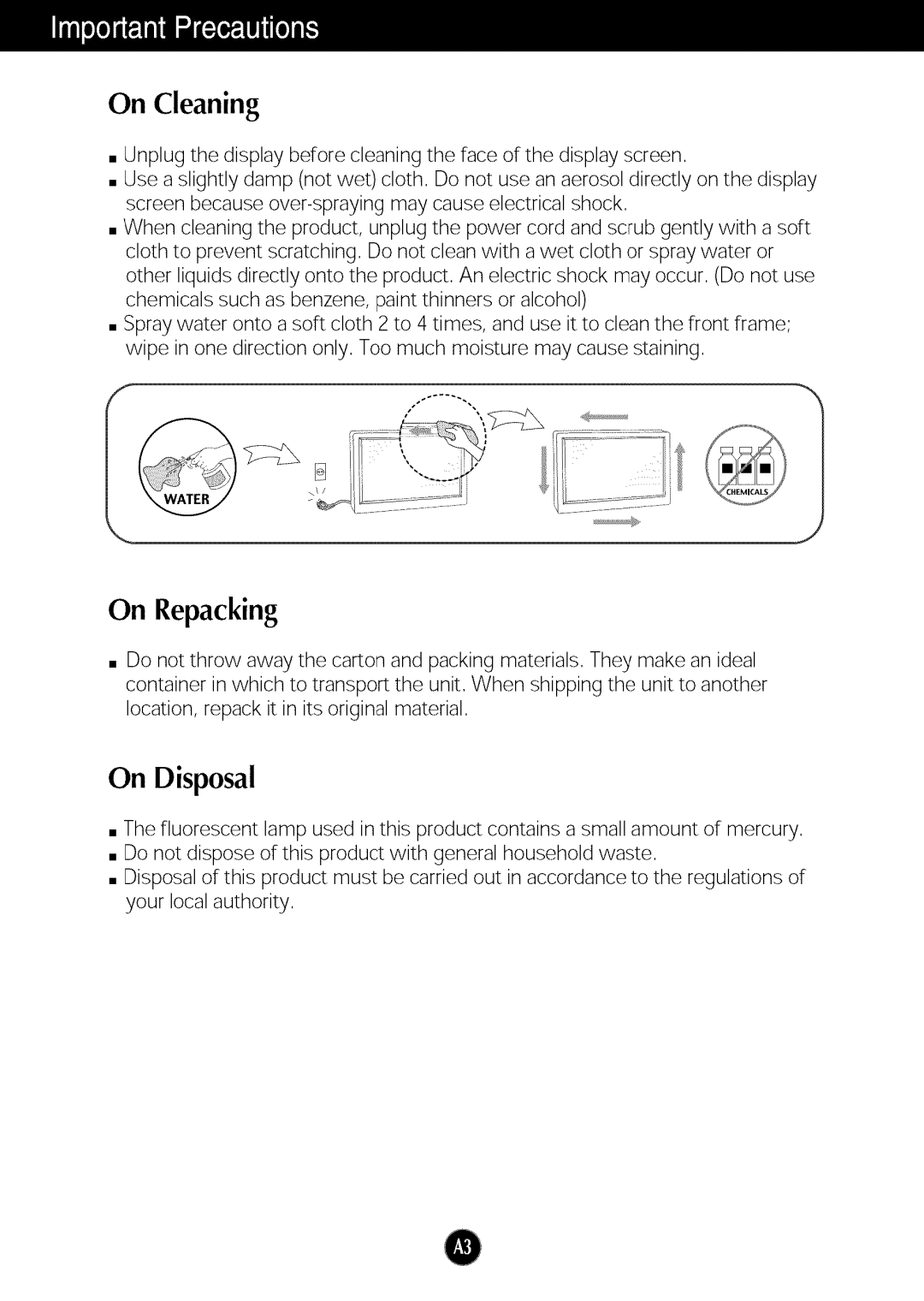 LG Electronics W2253TQ, W2053TQ manual On Cleaning, On Repacking, On Disposal 