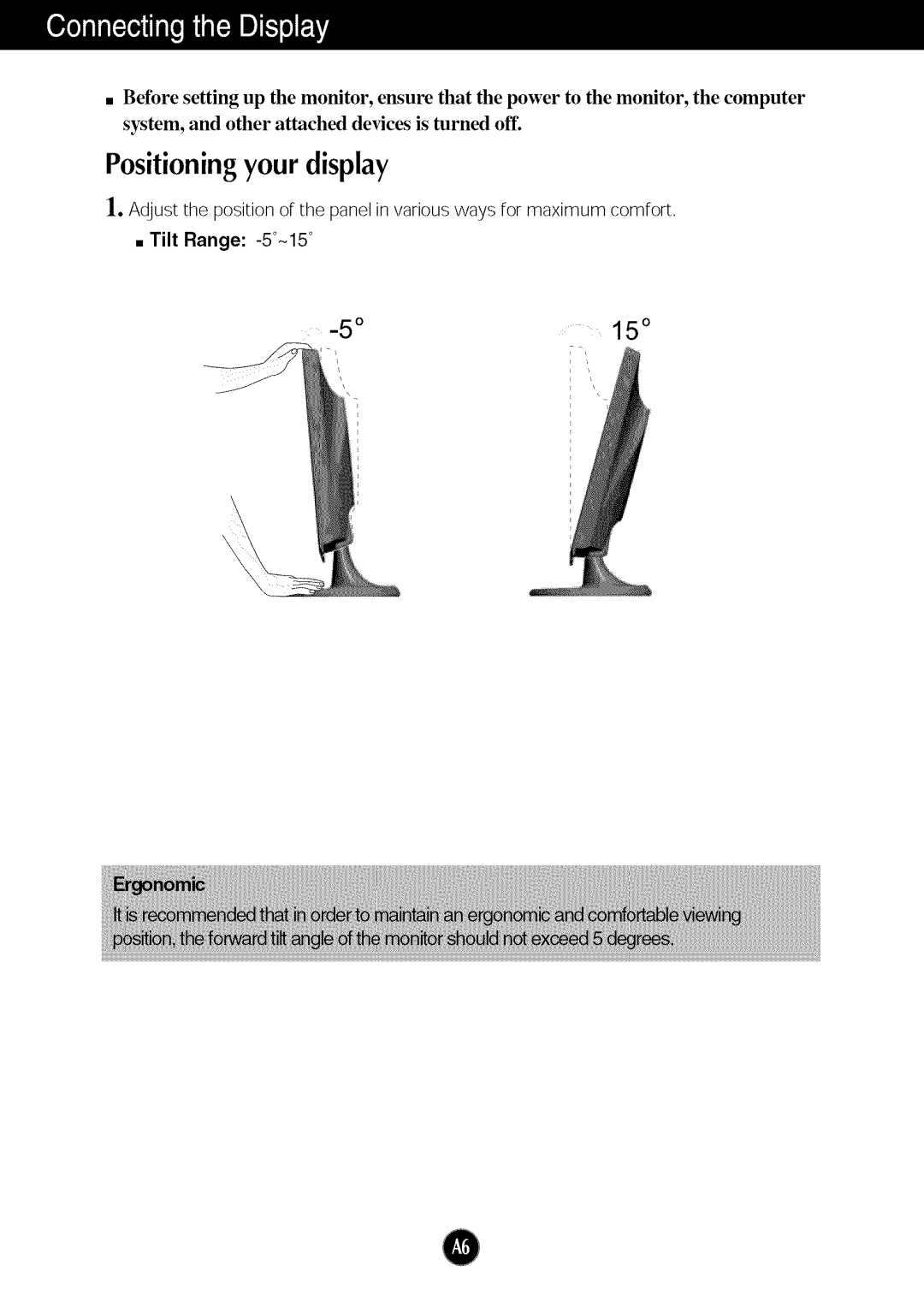 LG Electronics W2053TQ, W2253TQ manual Positioning your display, Tilt Range 