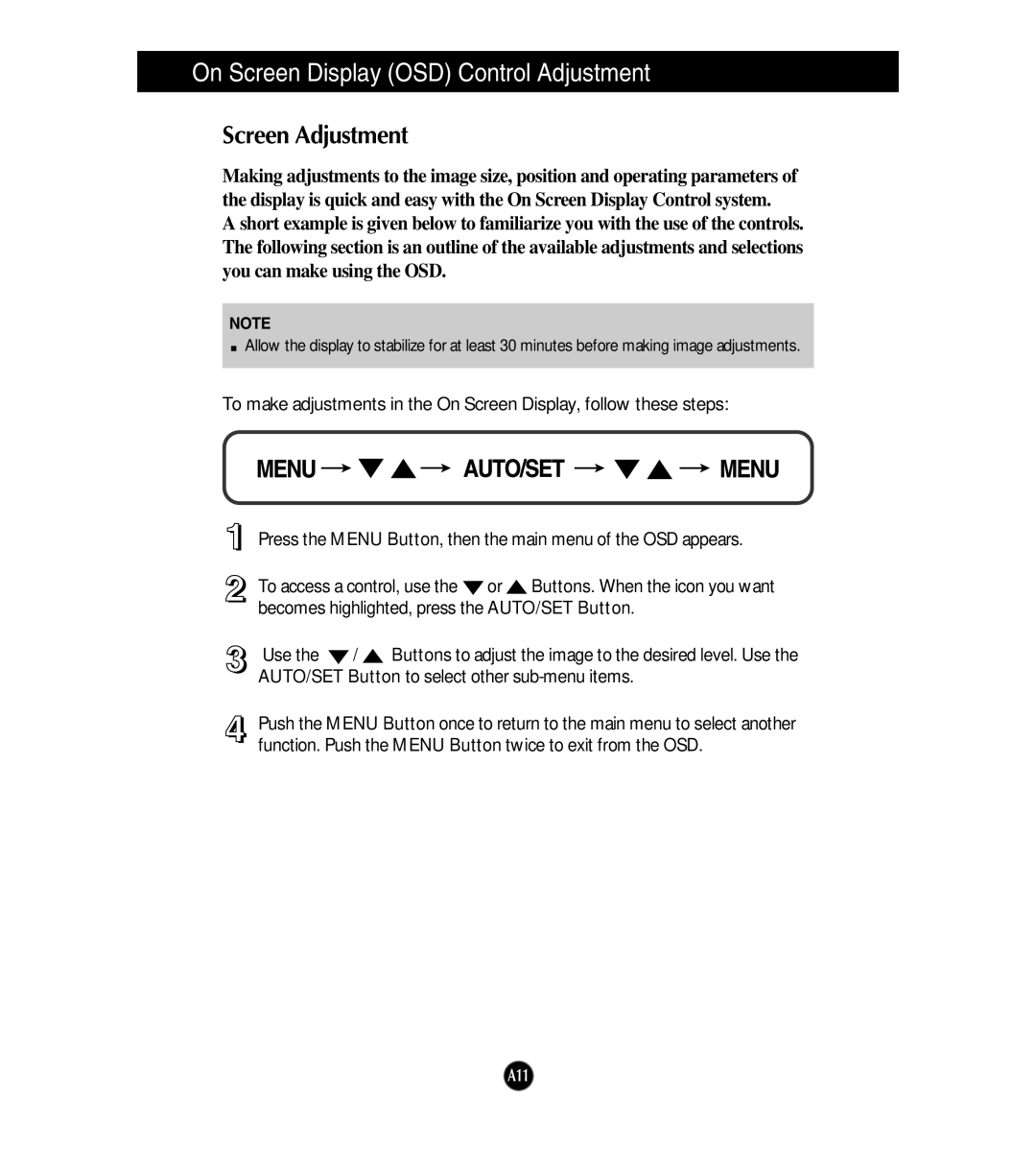 LG Electronics W2253TQ, W2053TQ manual On Screen Display OSD Control Adjustment, Screen Adjustment 
