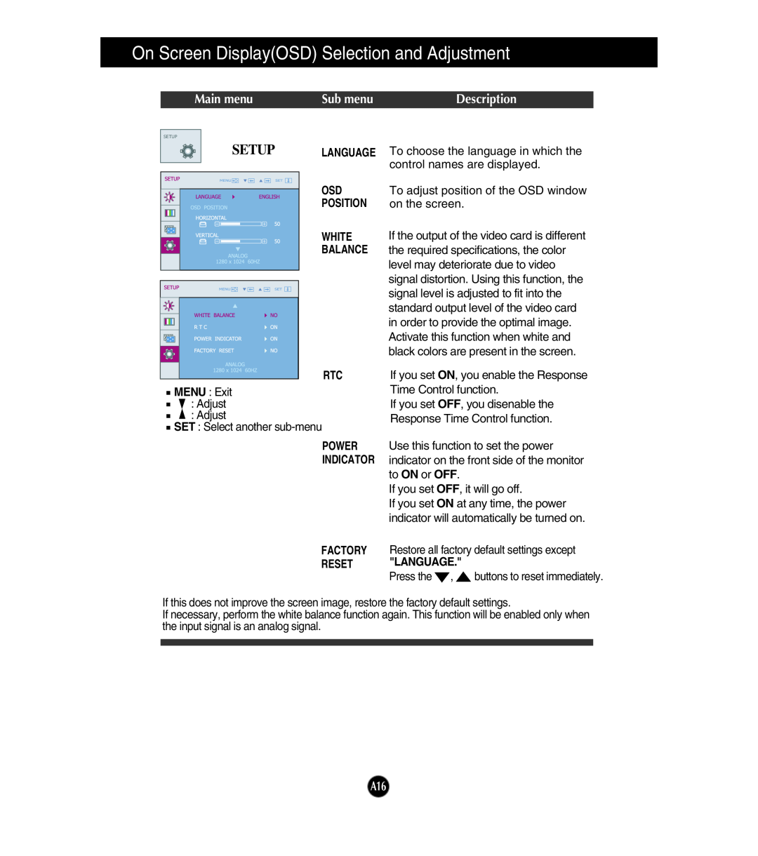 LG Electronics W2053TQ Setup, On Screen DisplayOSD Selection and Adjustment, Main menu, Sub menu, Description, Position 