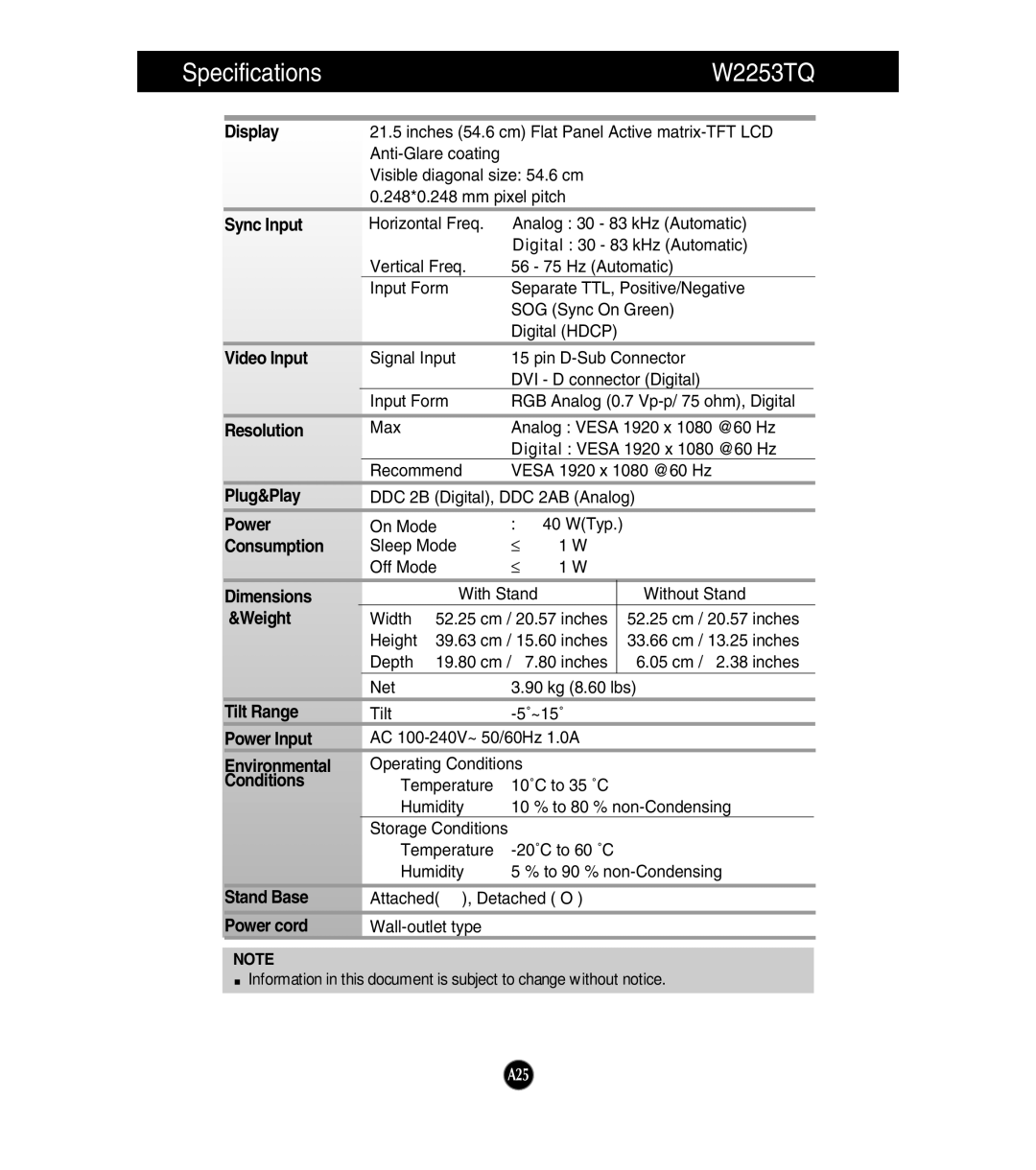 LG Electronics W2253TQ, W2053TQ manual Specifications 