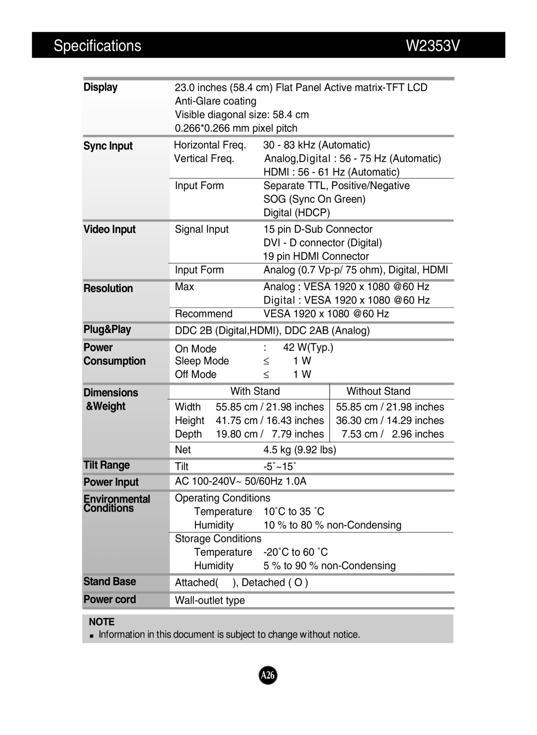 LG Electronics W2253V manual Specifications W2353V, Environmental Conditions 