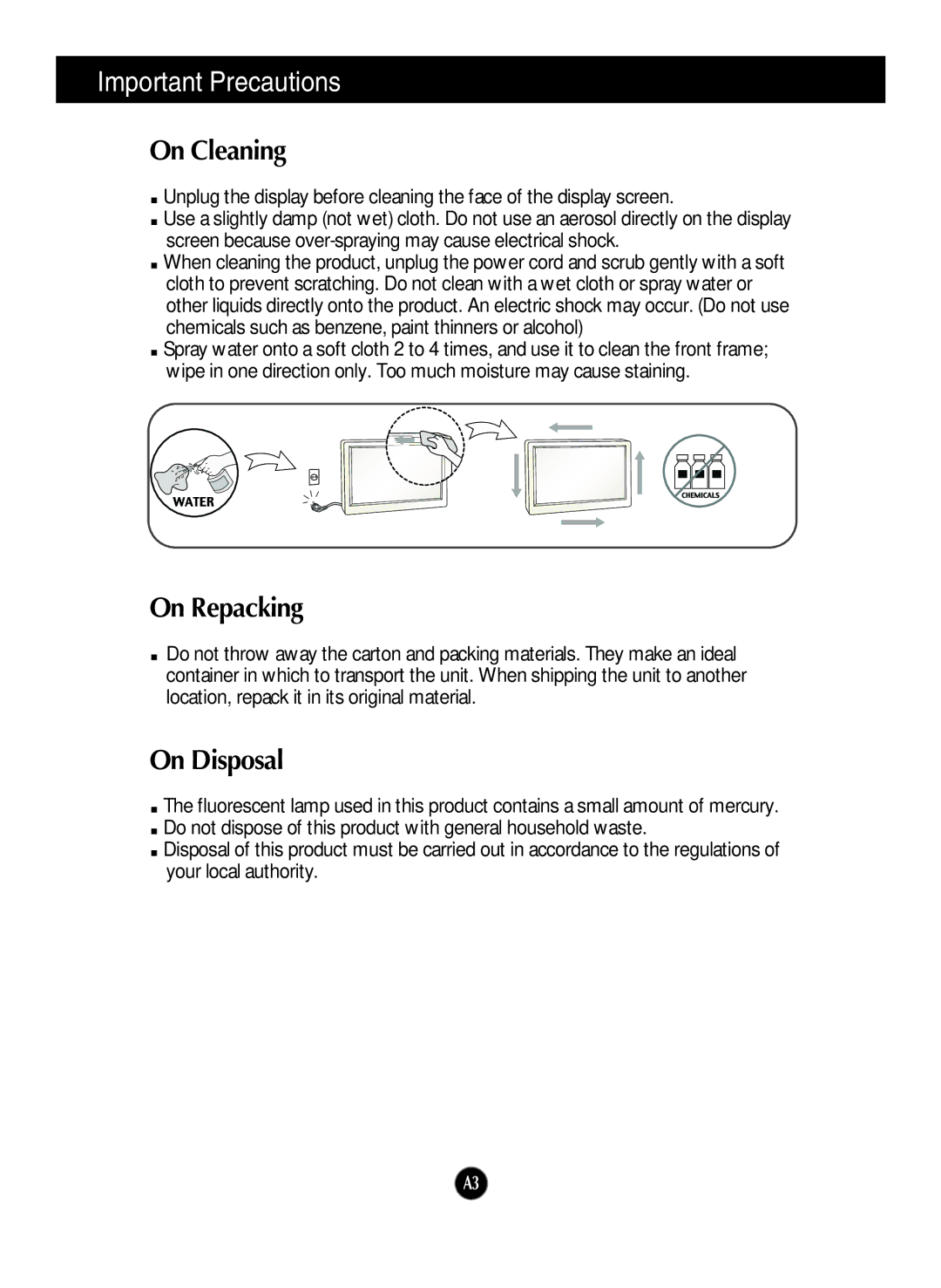 LG Electronics W2253V, W2353V manual On Cleaning, On Repacking, On Disposal 