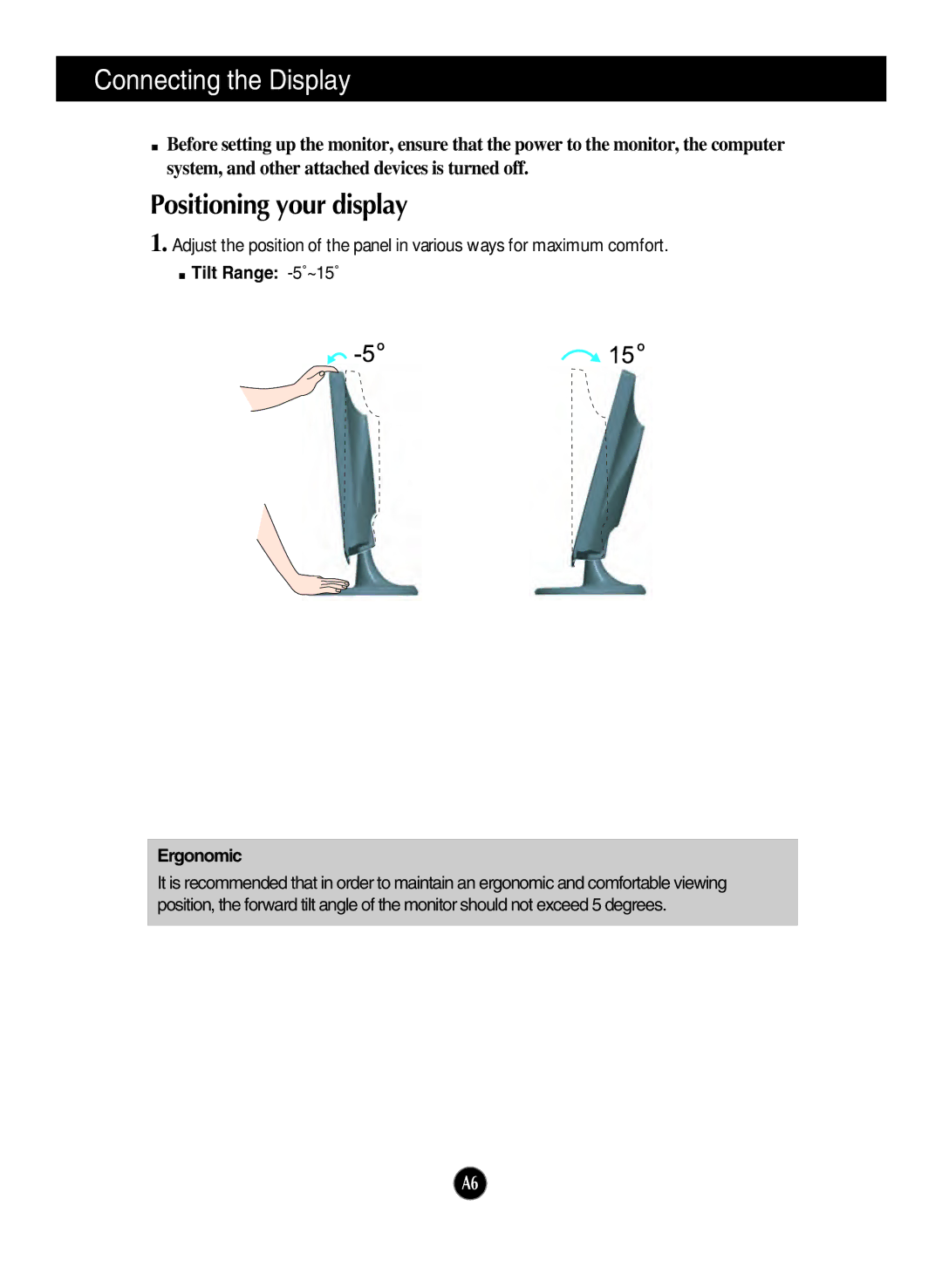 LG Electronics W2353V, W2253V manual Positioning your display, Tilt Range -5˚~15˚ Ergonomic 