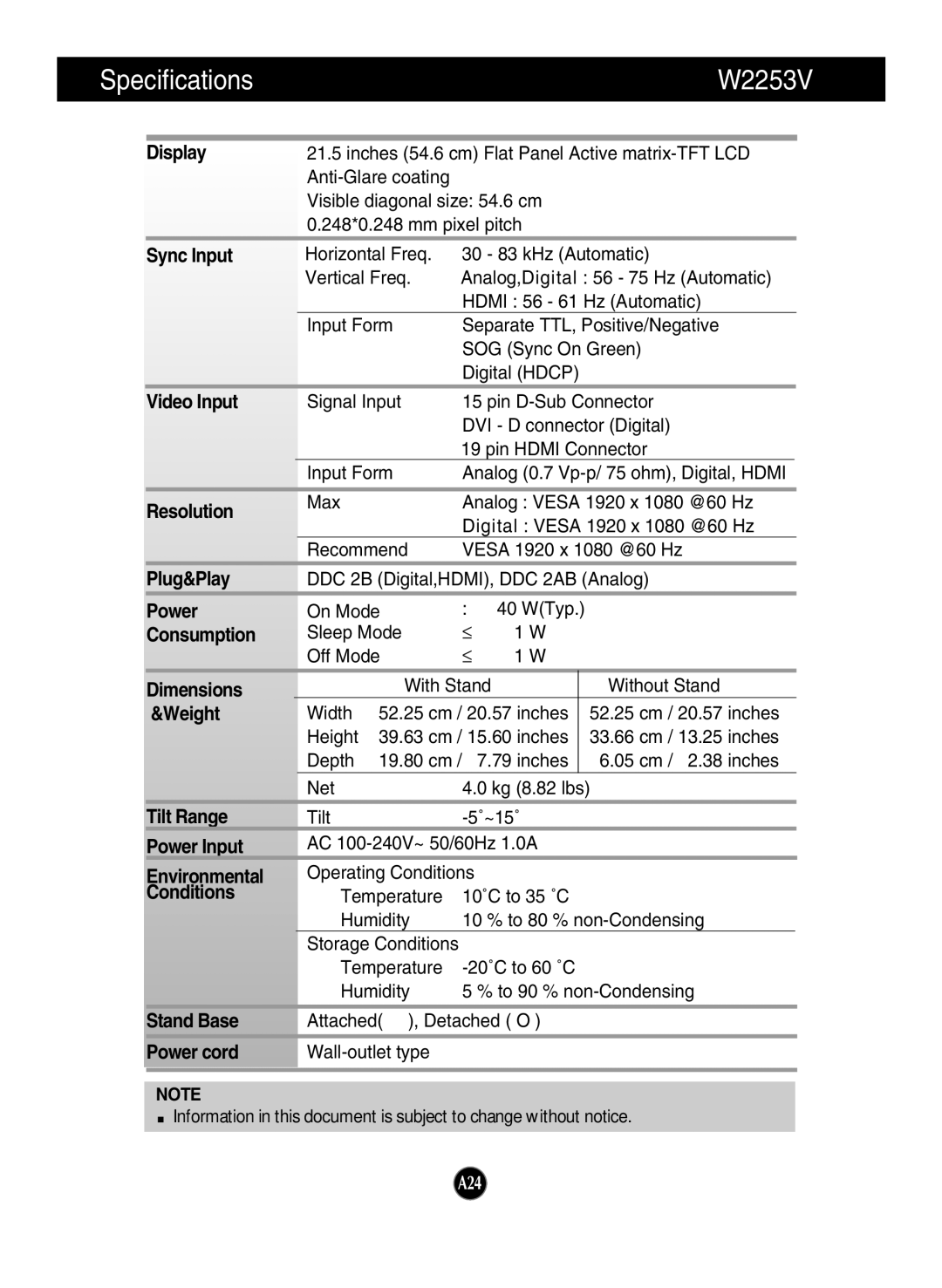 LG Electronics W2353V manual Specifications W2253V, Display 