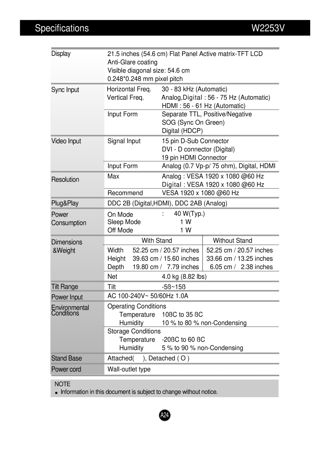 LG Electronics W2353V manual Specifications W2253V, Display 