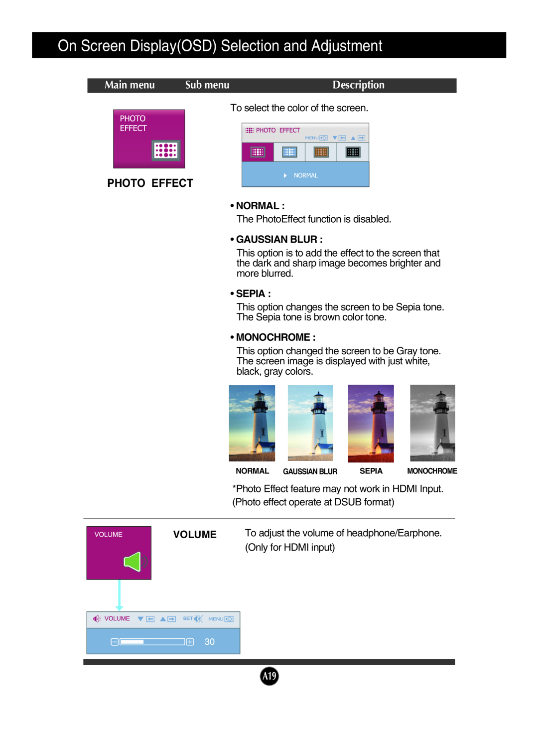 LG Electronics W2253V manual Photo Effect, On Screen DisplayOSD Selection and Adjustment, Main menu, Sub menu, Description 
