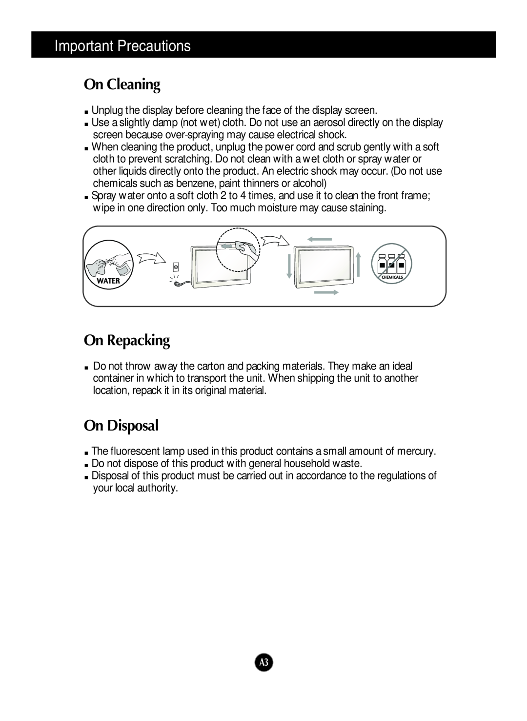 LG Electronics W2253V, W2353V manual On Cleaning, On Repacking, On Disposal, Important Precautions 