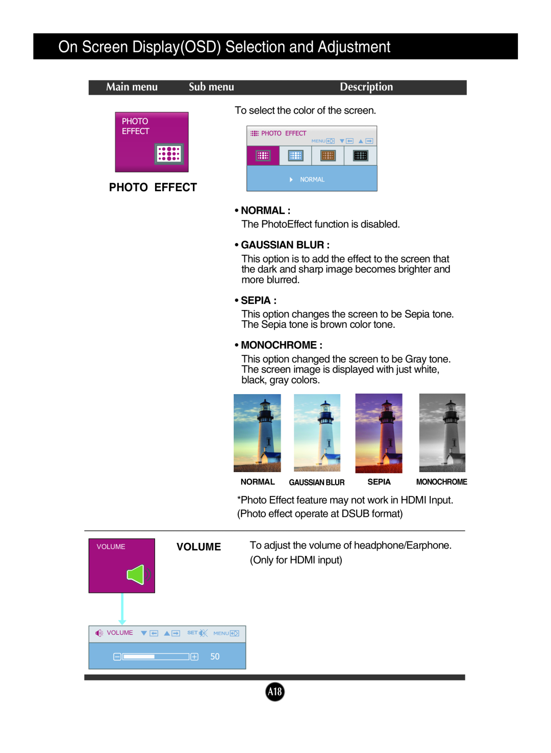 LG Electronics W2353V manual Photo Effect, On Screen DisplayOSD Selection and Adjustment, Main menu, Sub menu, Description 