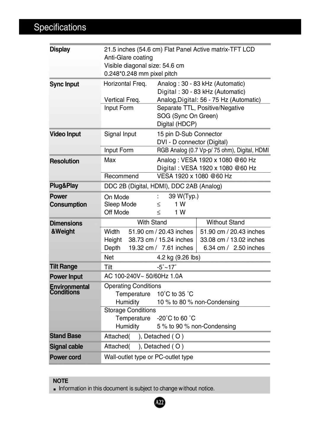 LG Electronics W2261V manual Specifications 