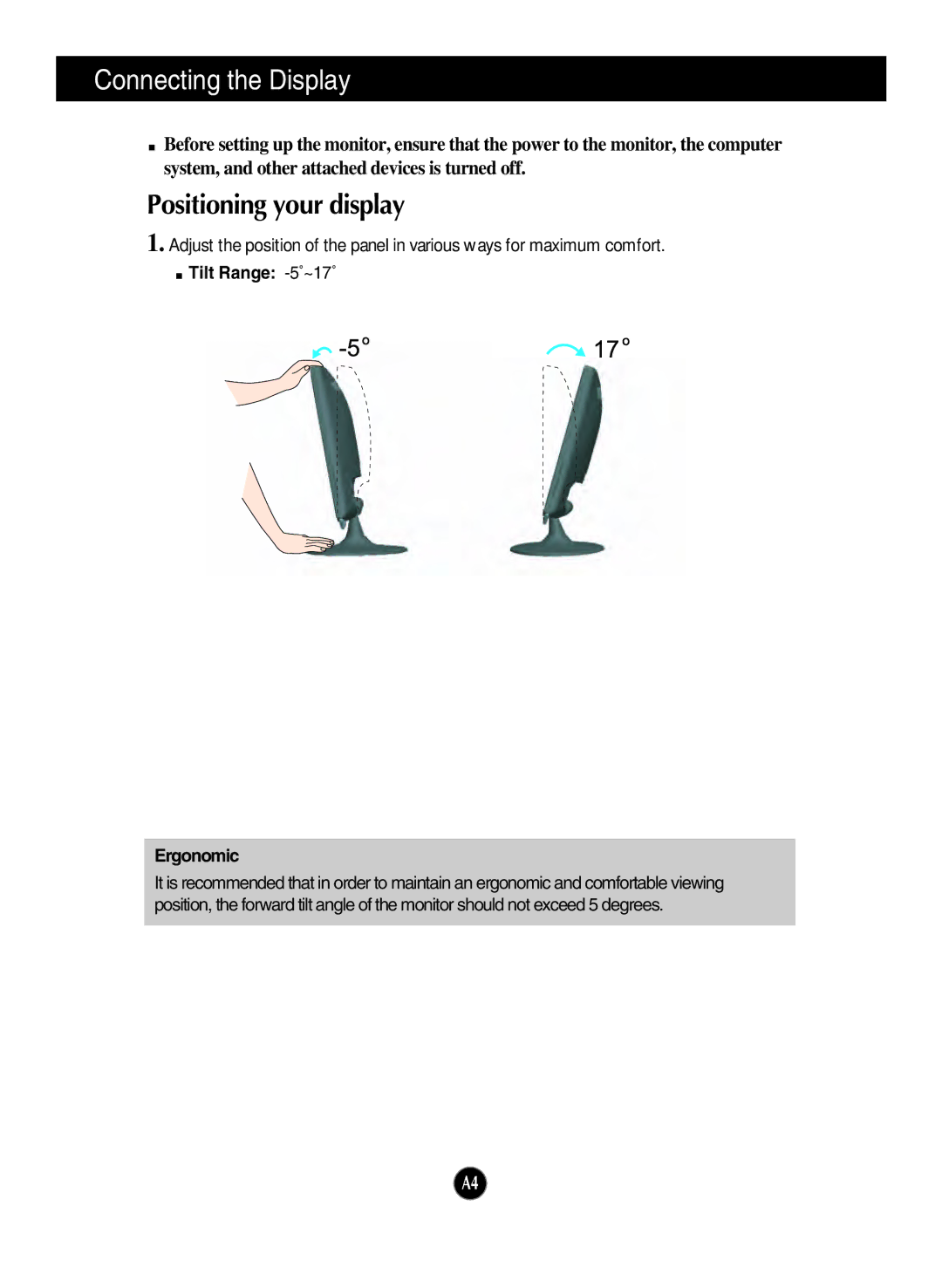 LG Electronics W2261V manual Positioning your display, Tilt Range -5˚~17˚ Ergonomic 