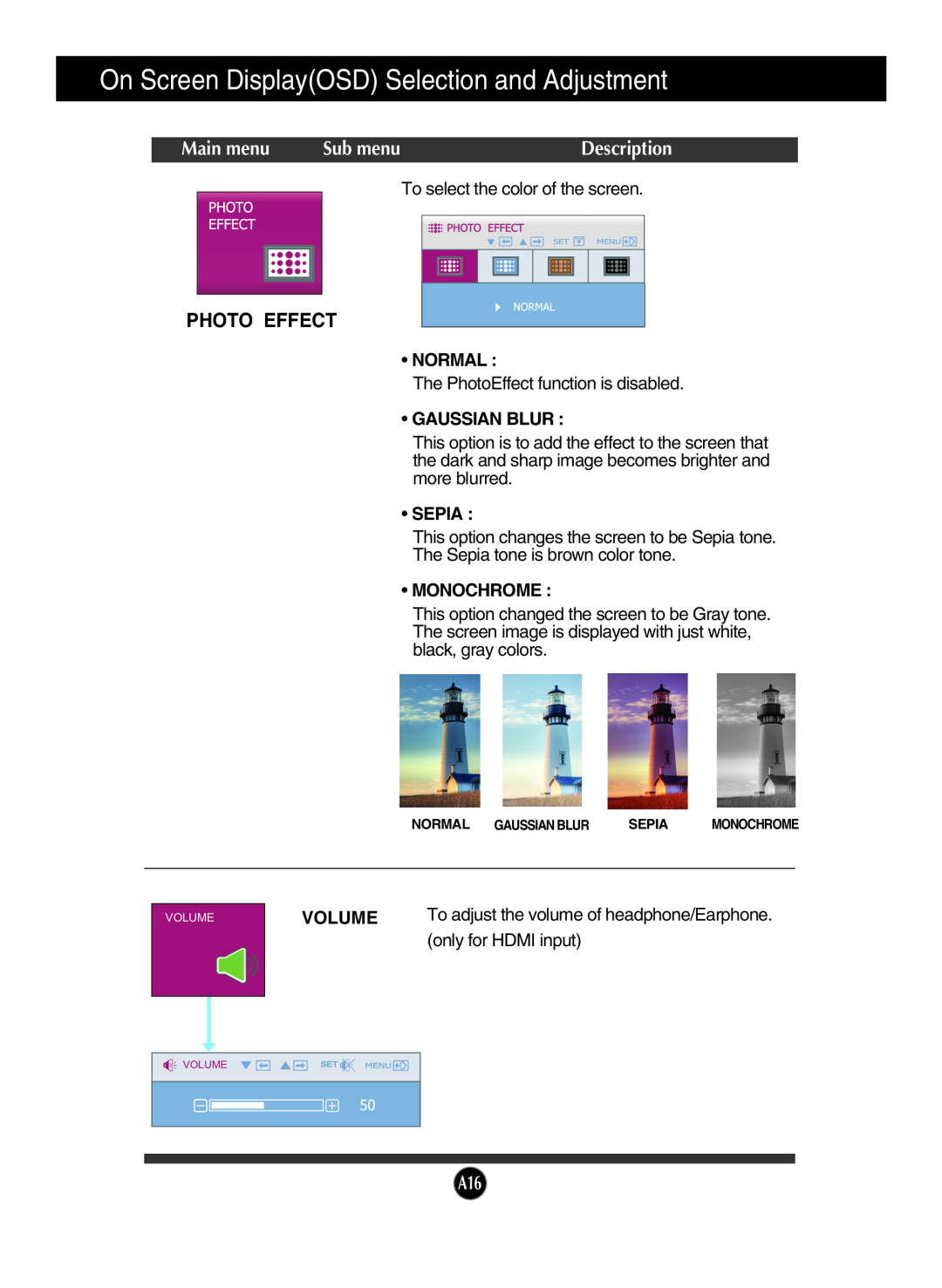 LG Electronics W2261V manual On Screen DisplayOSD Selection and Adjustment, Main menu, Sub menu, Description, Normal, Sepia 