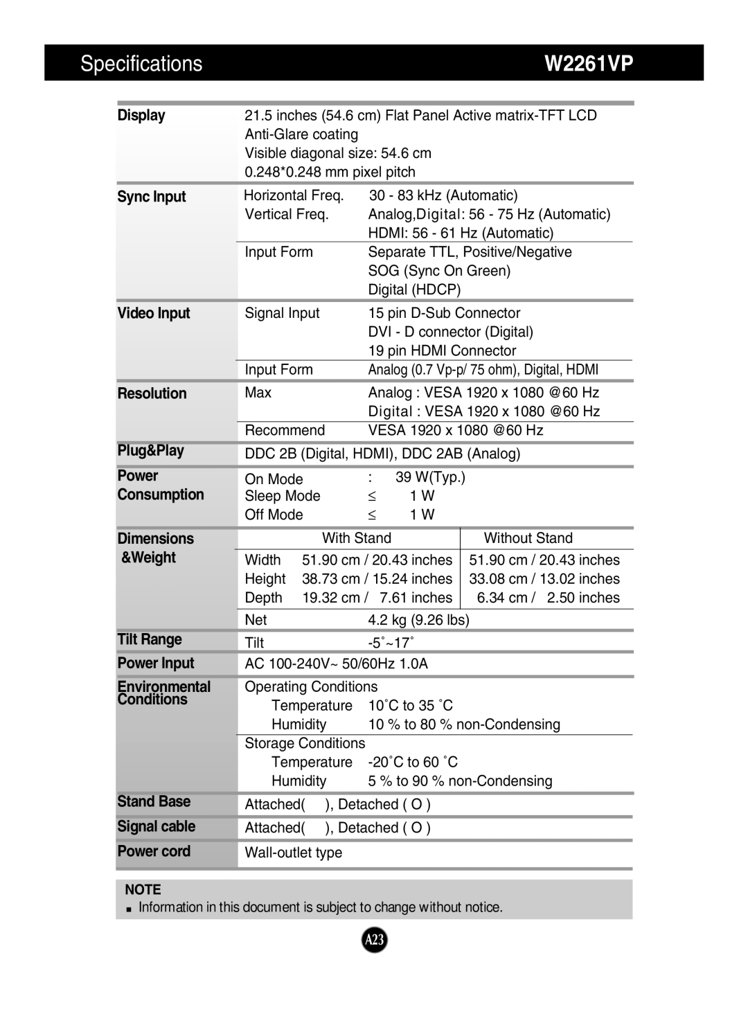 LG Electronics W2261VG, W2361VG manual W2261VP 