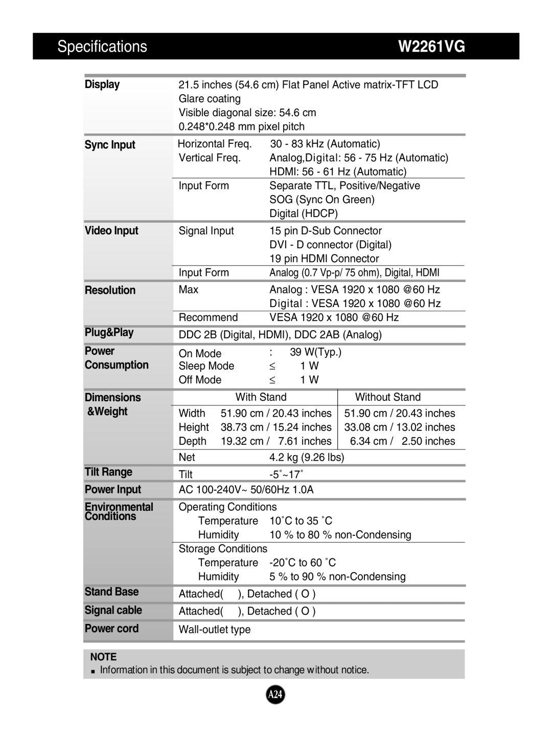 LG Electronics W2261VP, W2361VG manual W2261VG 