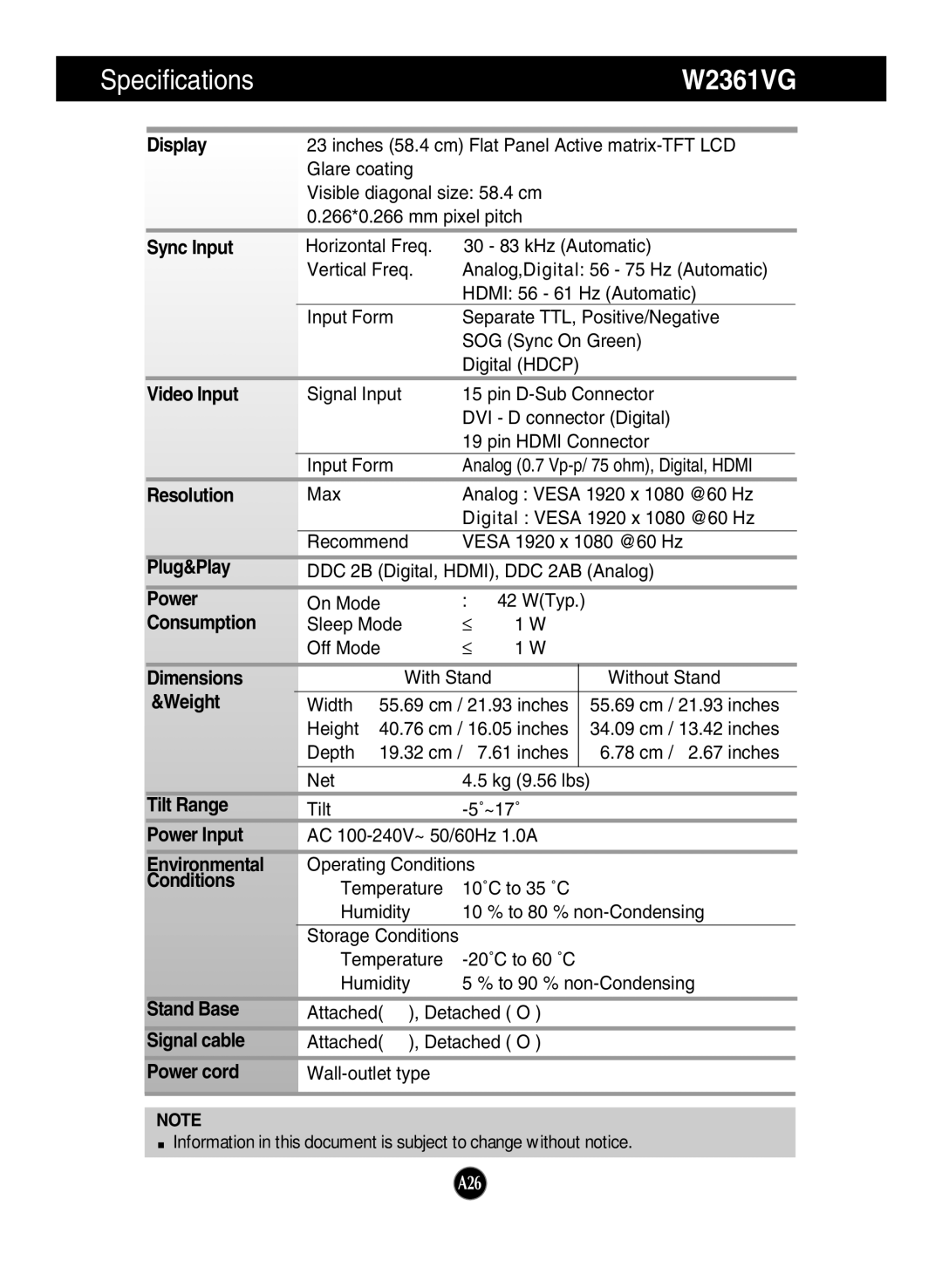 LG Electronics W2361VG, W2261VG, W2261VP manual 