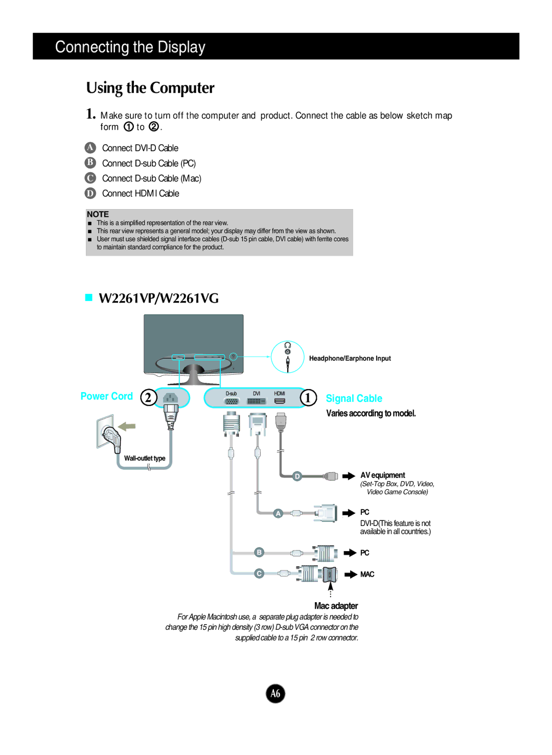 LG Electronics W2361VG manual Using the Computer, W2261VP/W2261VG 