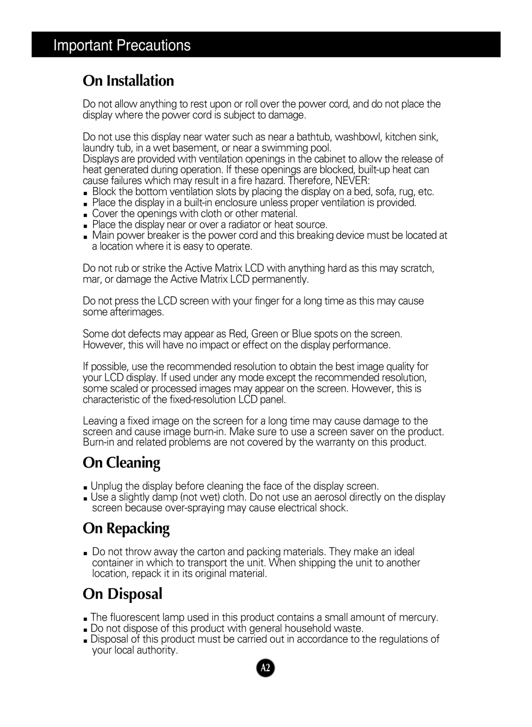 LG Electronics W2284F manual On Installation, On Cleaning, On Repacking, On Disposal 