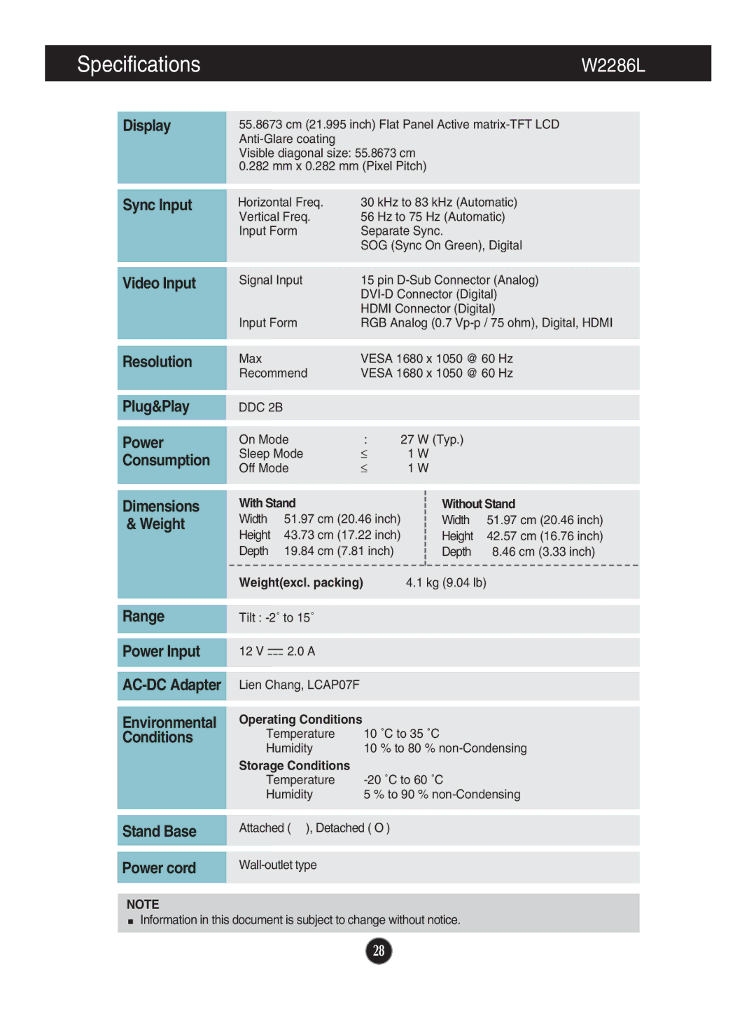 LG Electronics W2486L owner manual Specifications, W2286L 