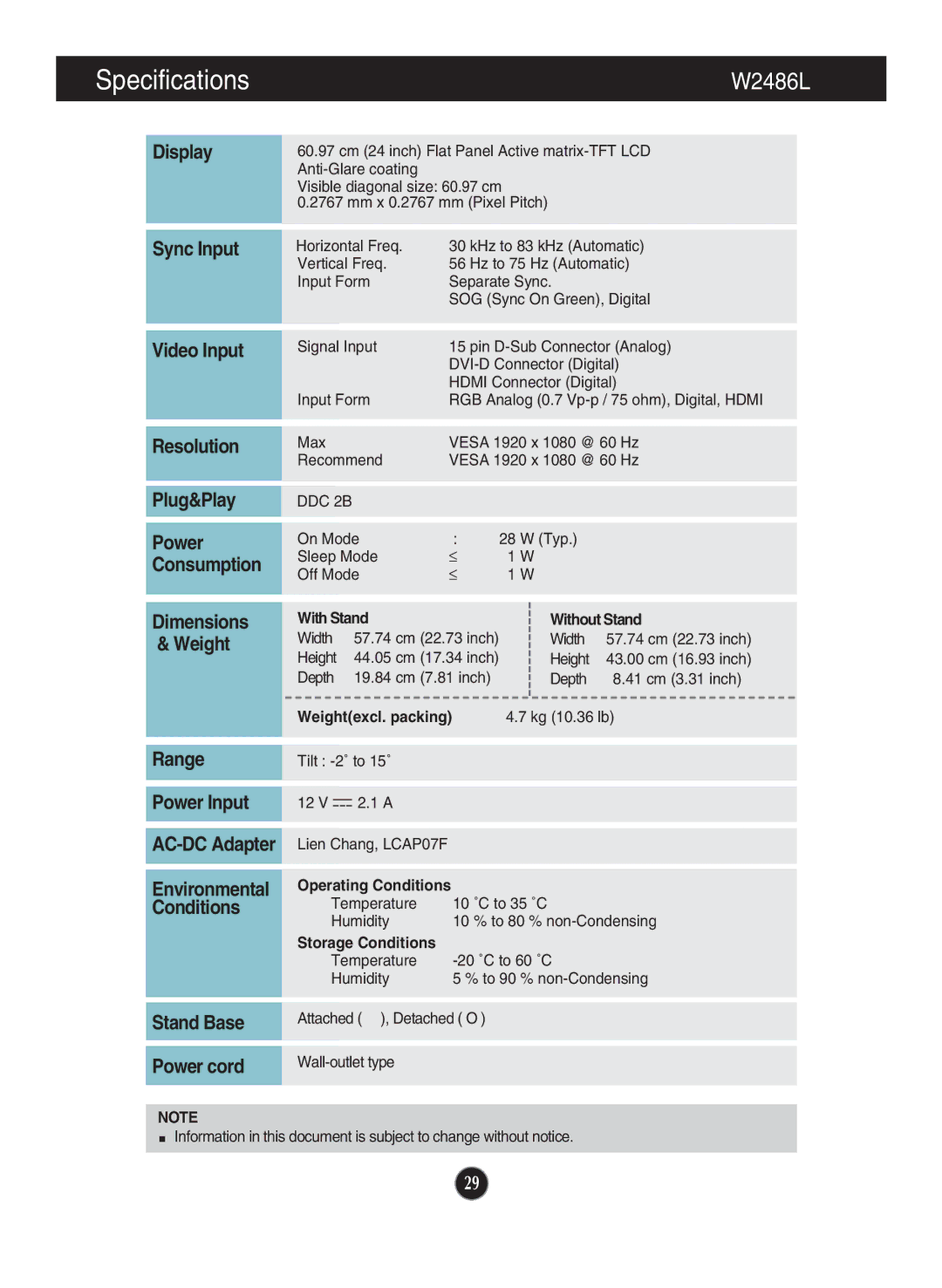 LG Electronics W2286L owner manual W2486L 