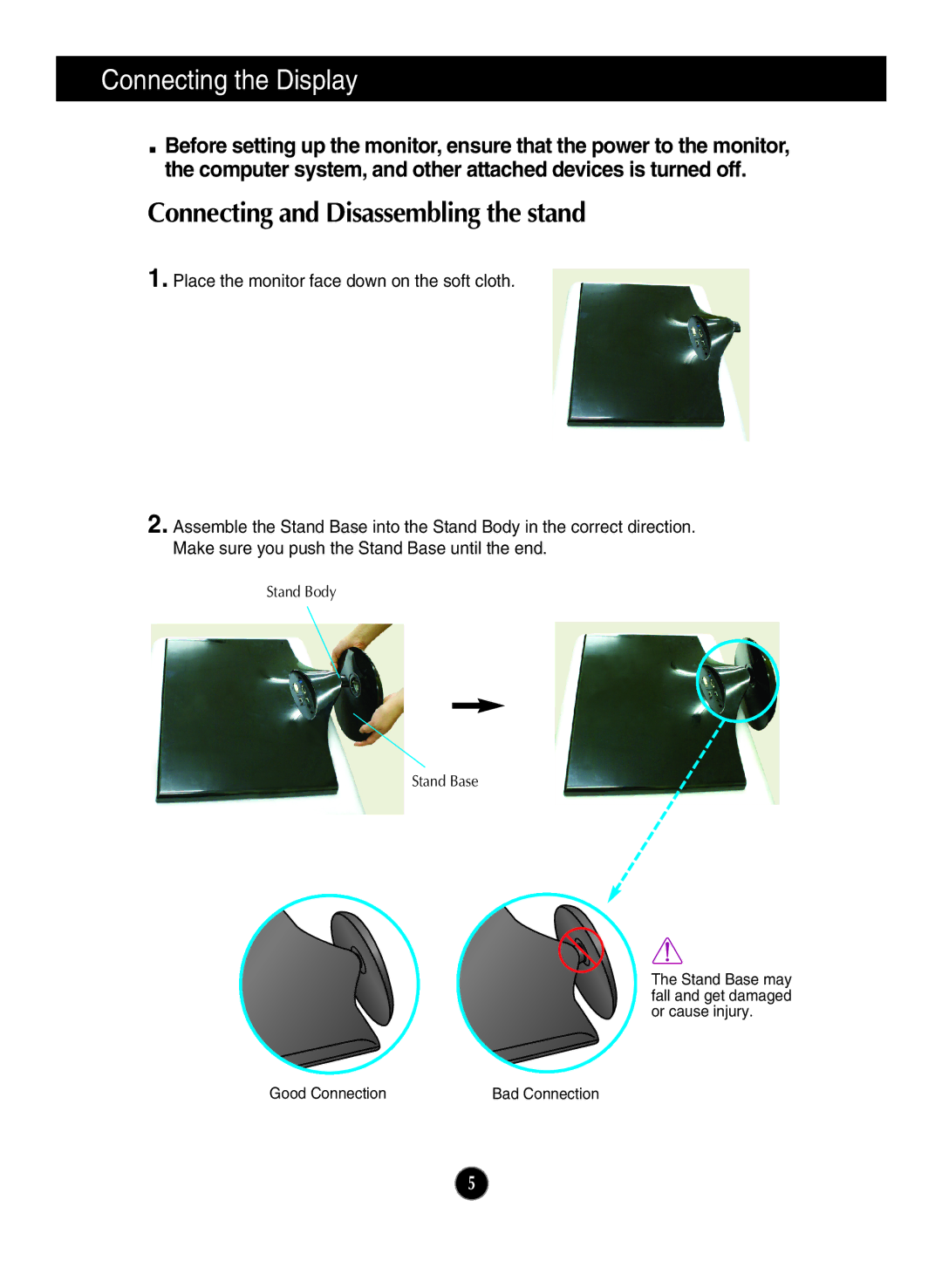 LG Electronics W2286L, W2486L owner manual Connecting the Display, Connecting and Disassembling the stand 