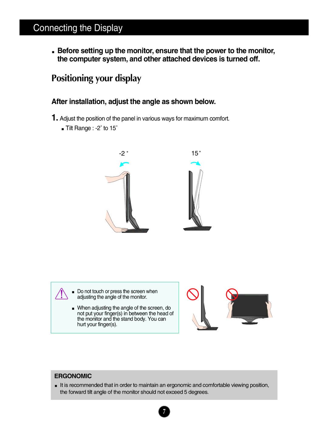 LG Electronics W2286L, W2486L owner manual Positioning your display, Ergonomic 