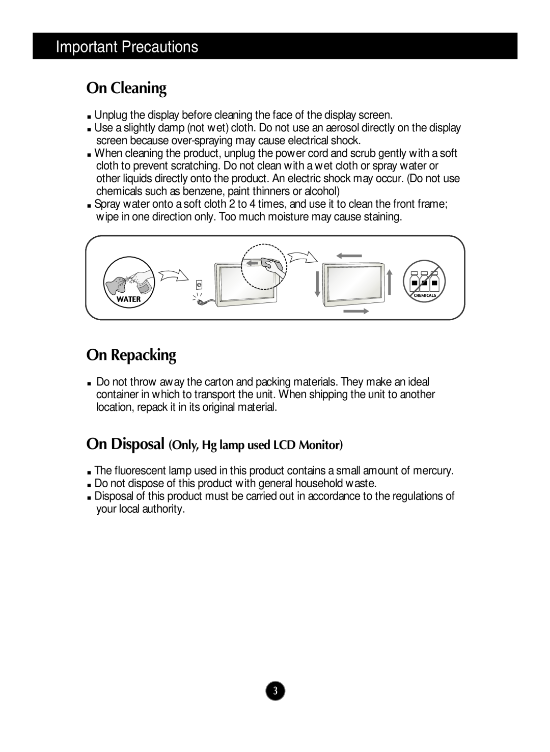 LG Electronics W2286L, W2486L On Cleaning, On Repacking, On Disposal Only, Hg lamp used LCD Monitor, Important Precautions 