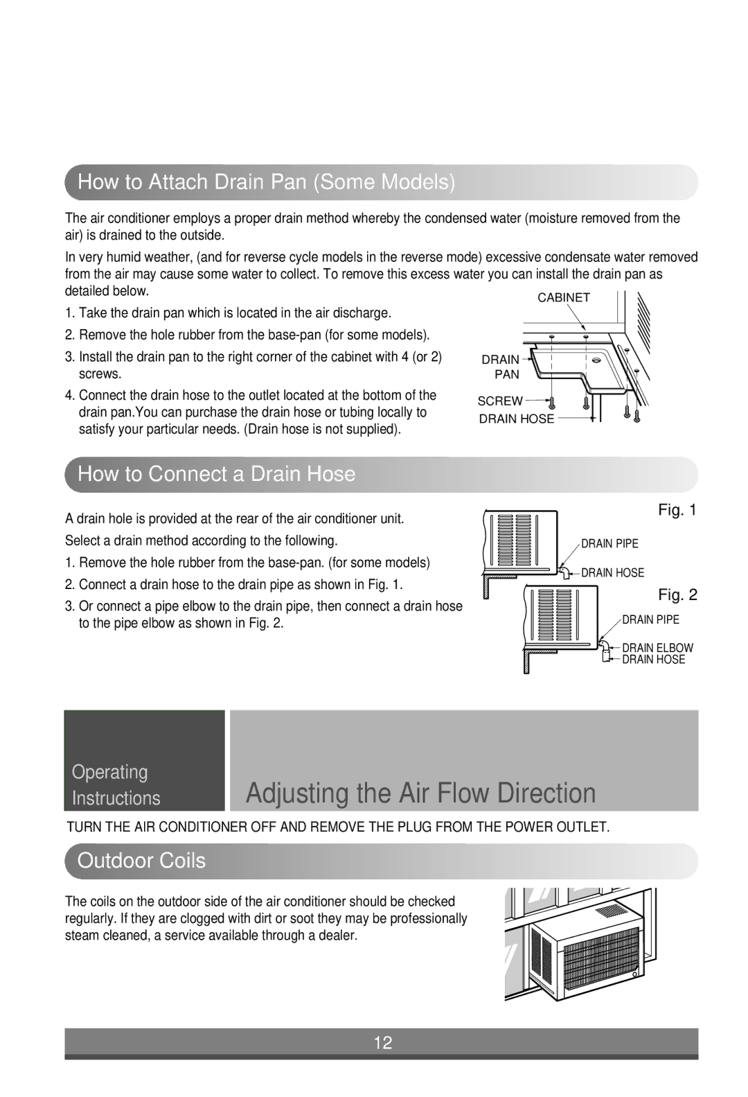 LG Electronics W242CA TSN0 Adjusting the Air Flow Direction, How to Attach Drain Pan Some Models, Outdoor Coils 