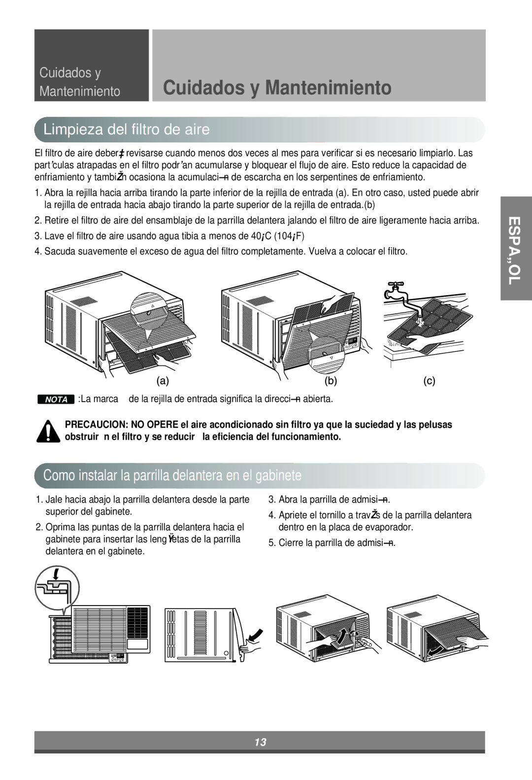 LG Electronics W182CM TSN2, W242CA TSN0, W182CM TSN0, W121CA TSC2 Cuidados y Mantenimiento, Limpieza del filtro de aire 