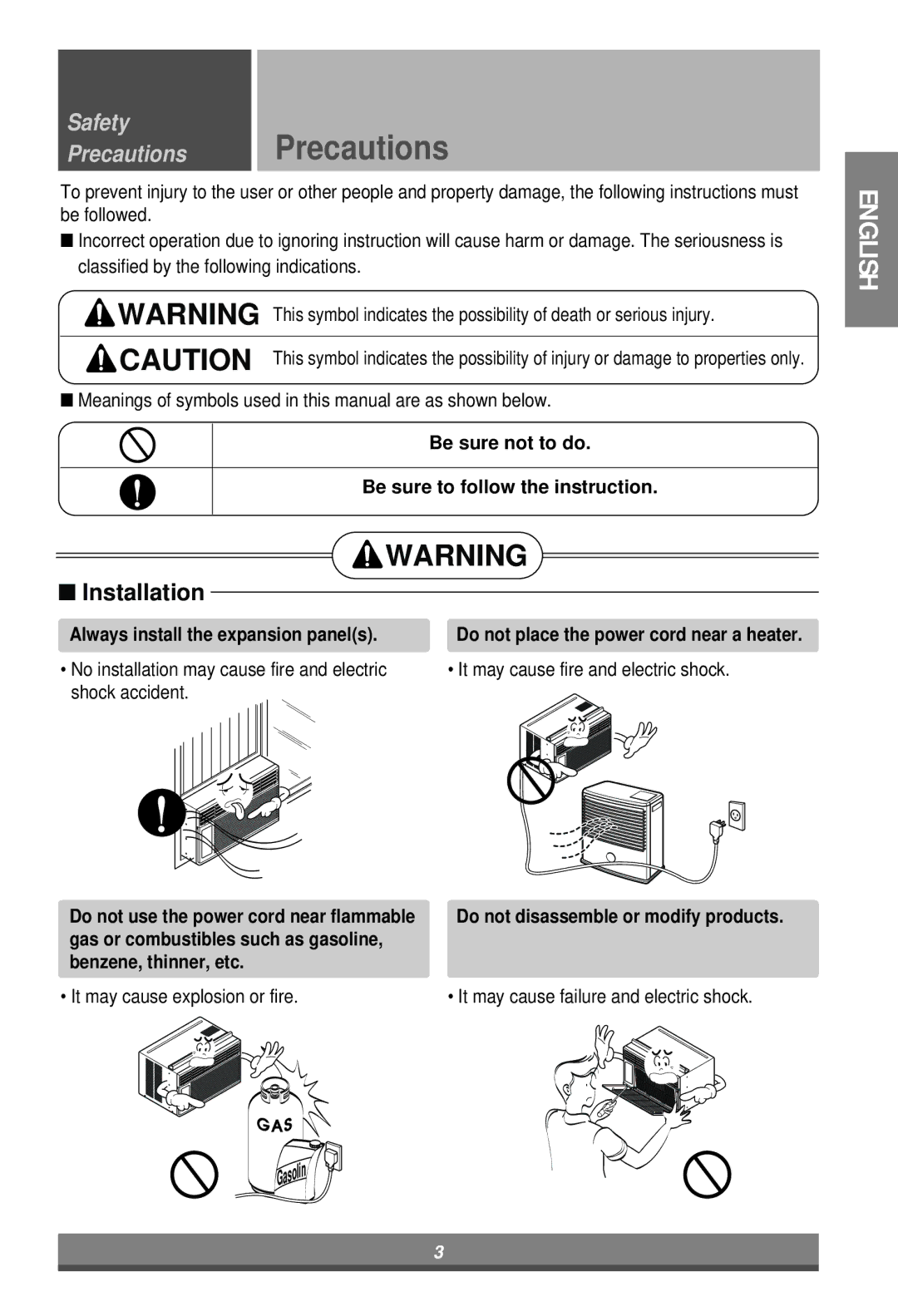 LG Electronics W182CMH TSN1 Be sure not to do Be sure to follow the instruction, Always install the expansion panels 