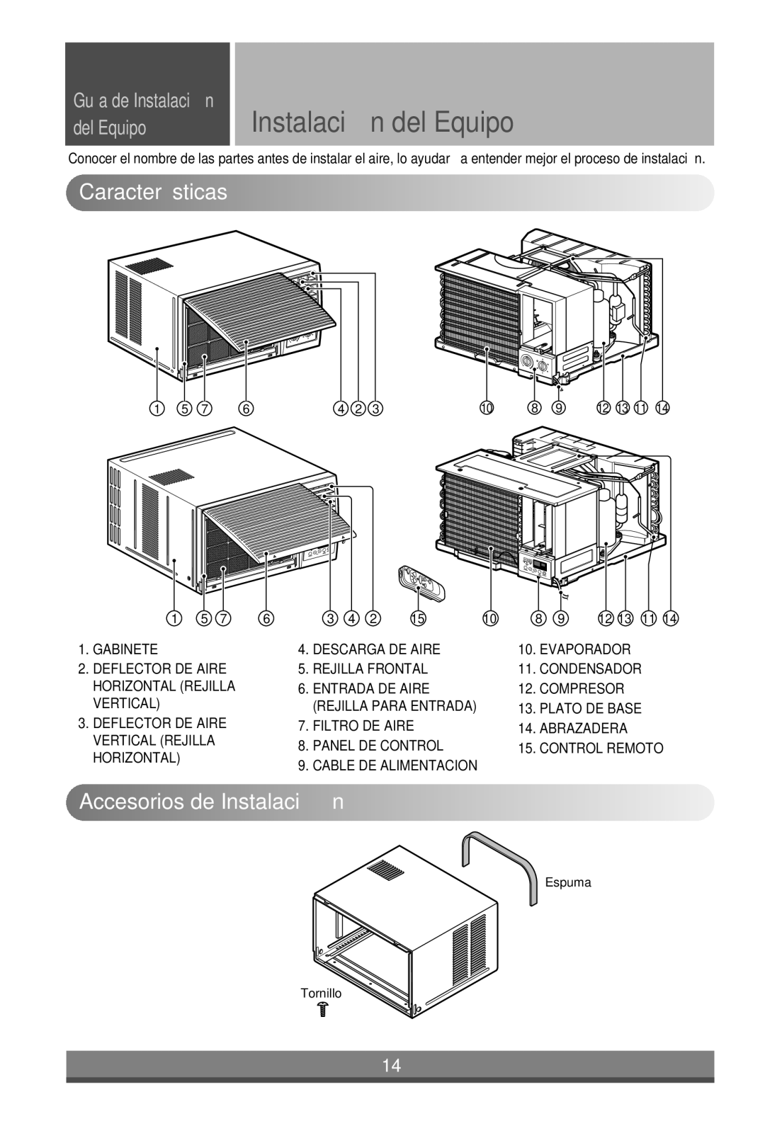 LG Electronics W242CA TSN0, W182CM TSN0, W121CA TSC2 Instalació n del Equipo, Características, Accesorios de Instalació n 