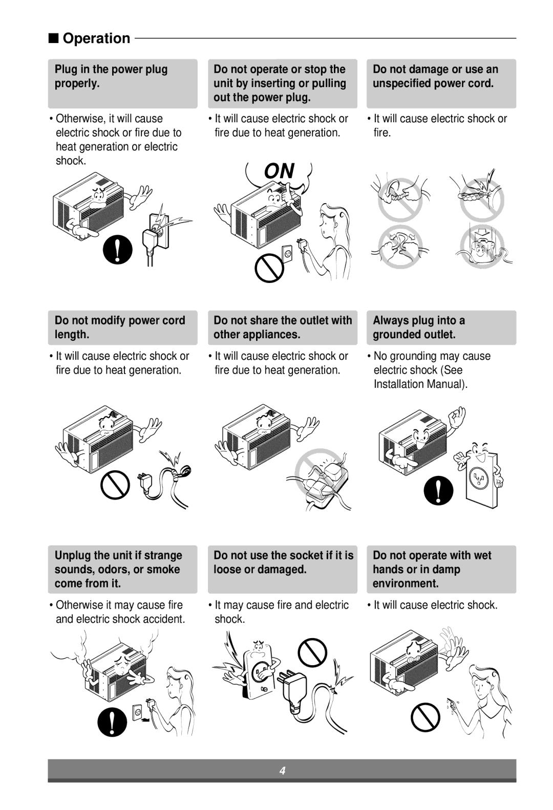 LG Electronics W182CA TSN0 Plug in the power plug properly, Do not modify power cord length, Do not operate or stop, Shock 