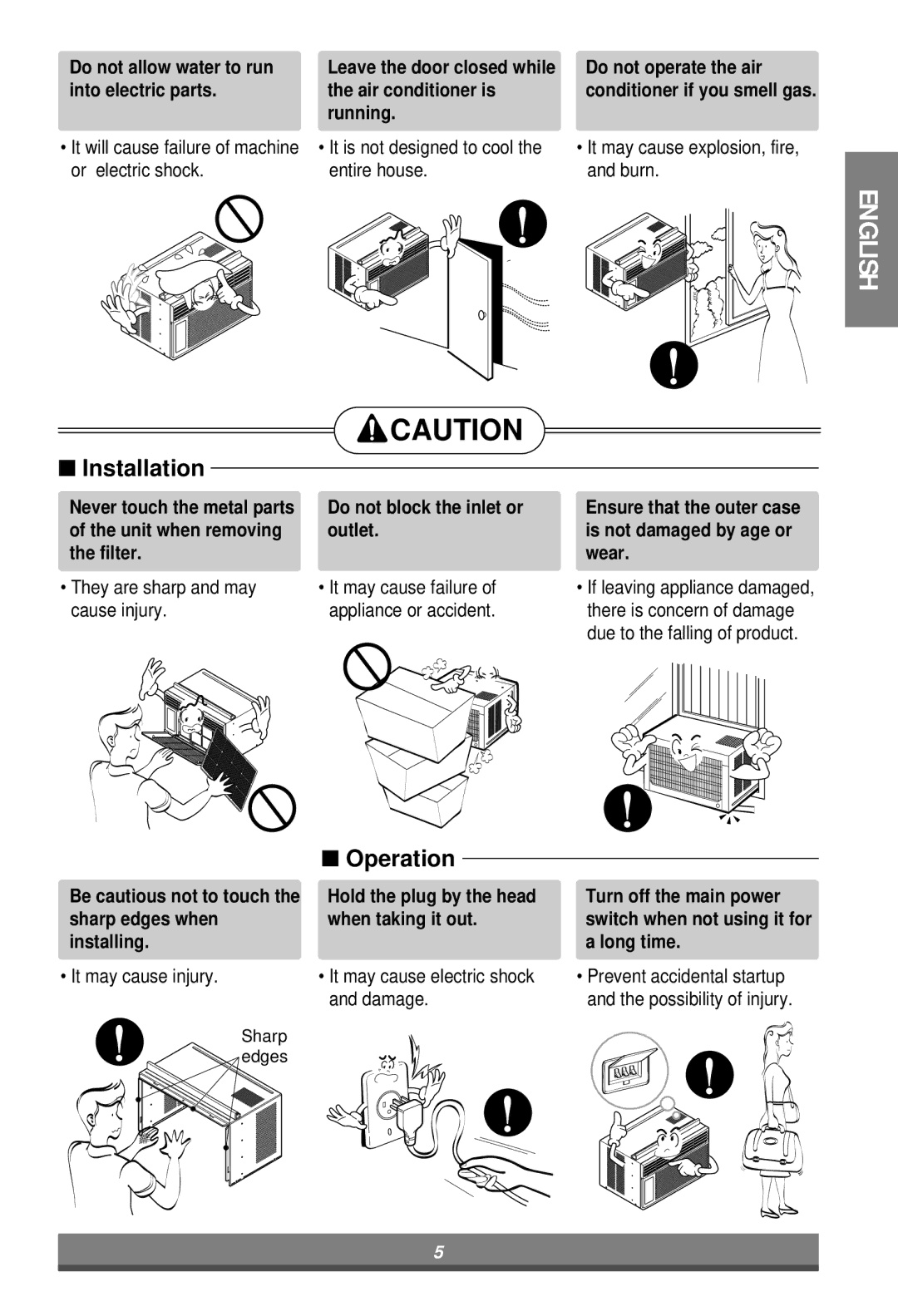 LG Electronics W182CM TSN2 Do not allow water to run, Do not operate the air, Into electric parts Air conditioner is 