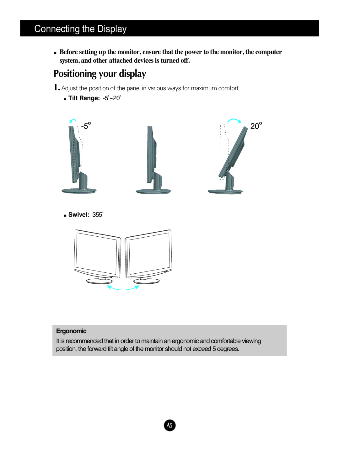 LG Electronics W2452T manual Positioning your display, Tilt Range -5˚~20˚ Swivel 355˚ Ergonomic 