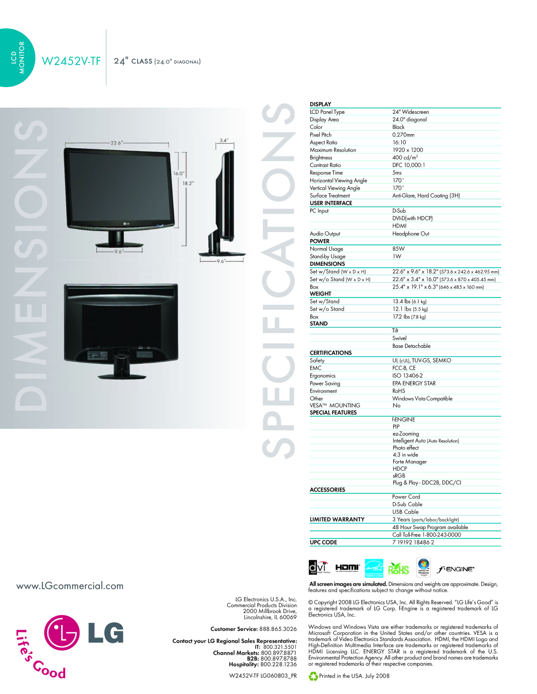 LG Electronics W2452V-TF warranty Dimensions Specifications 