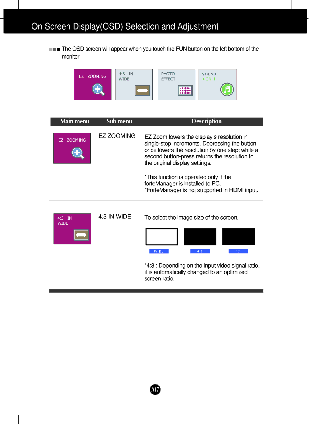 LG Electronics W2452V manual EZ Zooming, Wide 