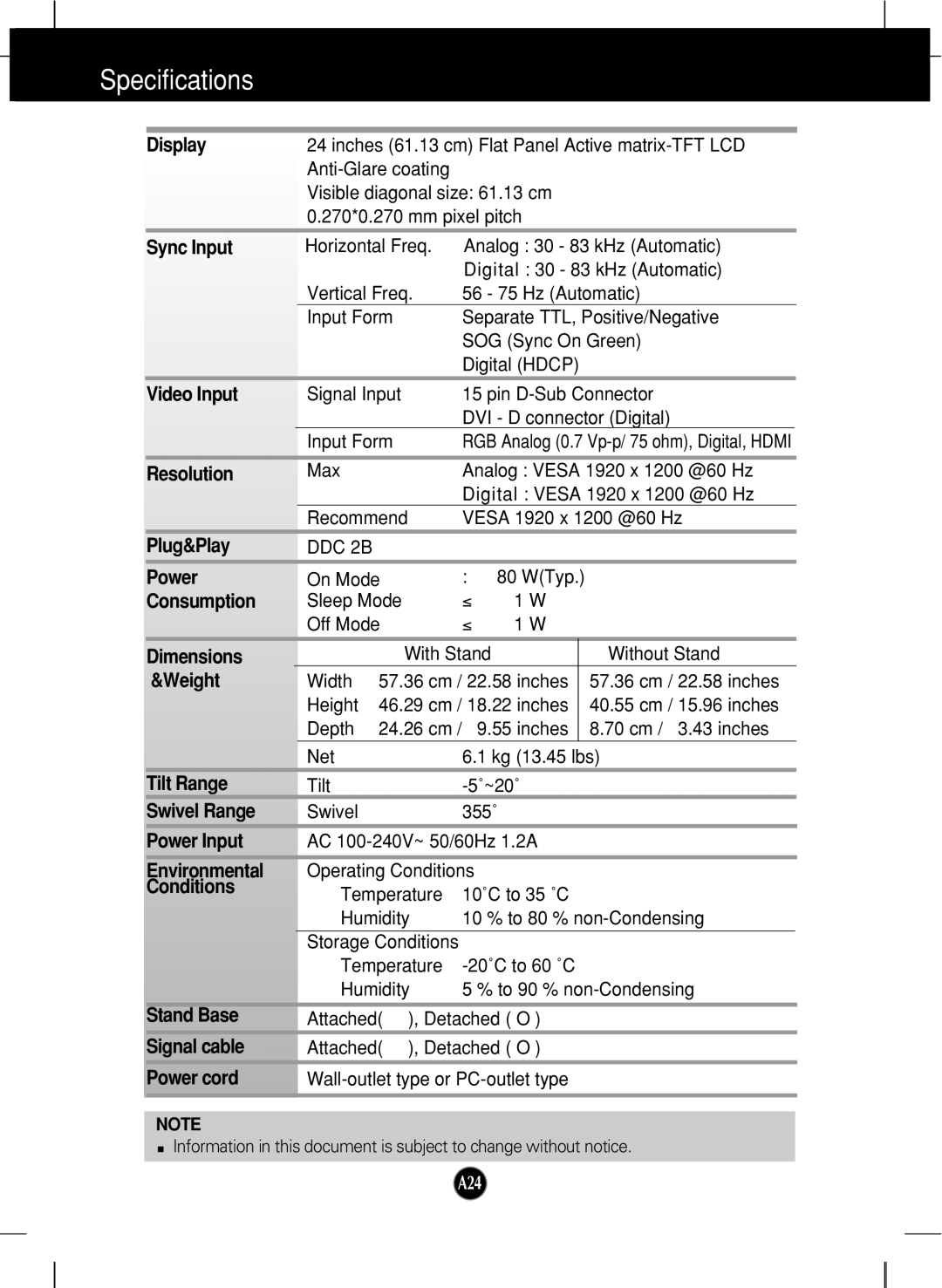 LG Electronics W2452V manual Specifications, Display 