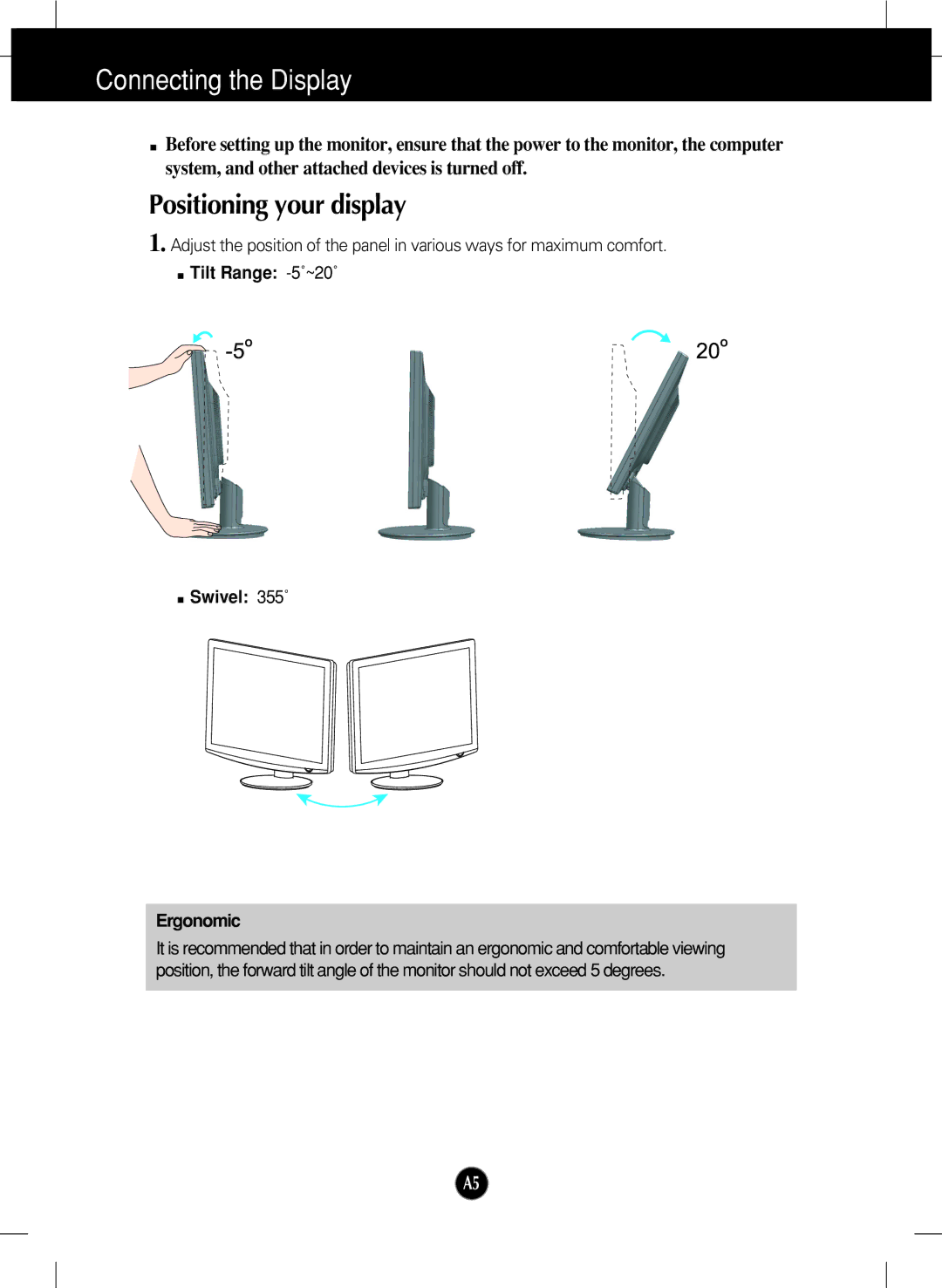 LG Electronics W2452V manual Positioning your display, Tilt Range -5˚~20˚ Swivel 355˚ Ergonomic 