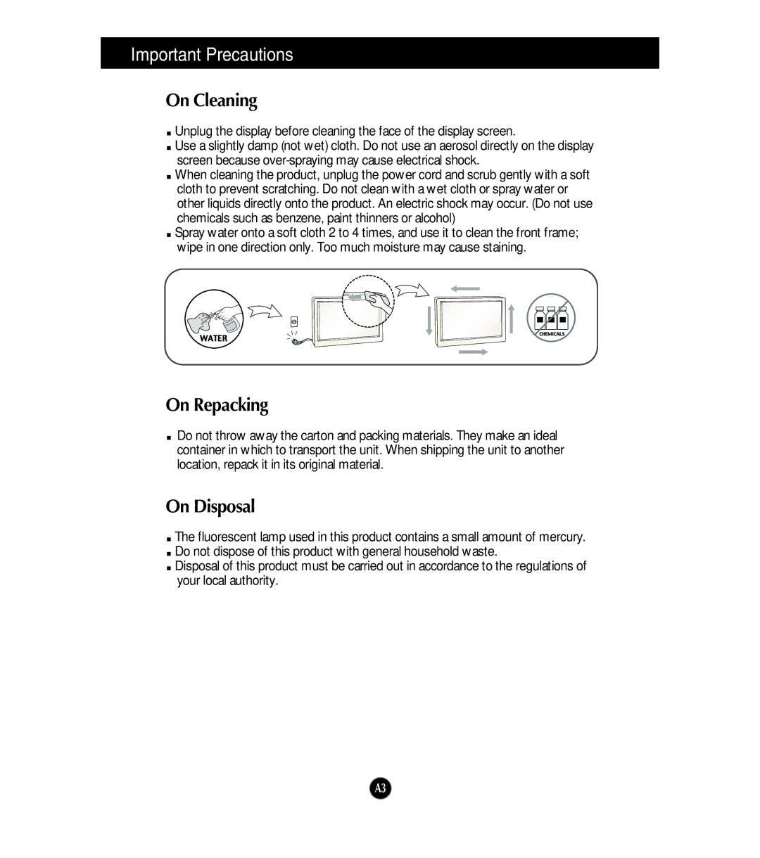 LG Electronics W2453SQ manual On Cleaning, On Repacking, On Disposal 