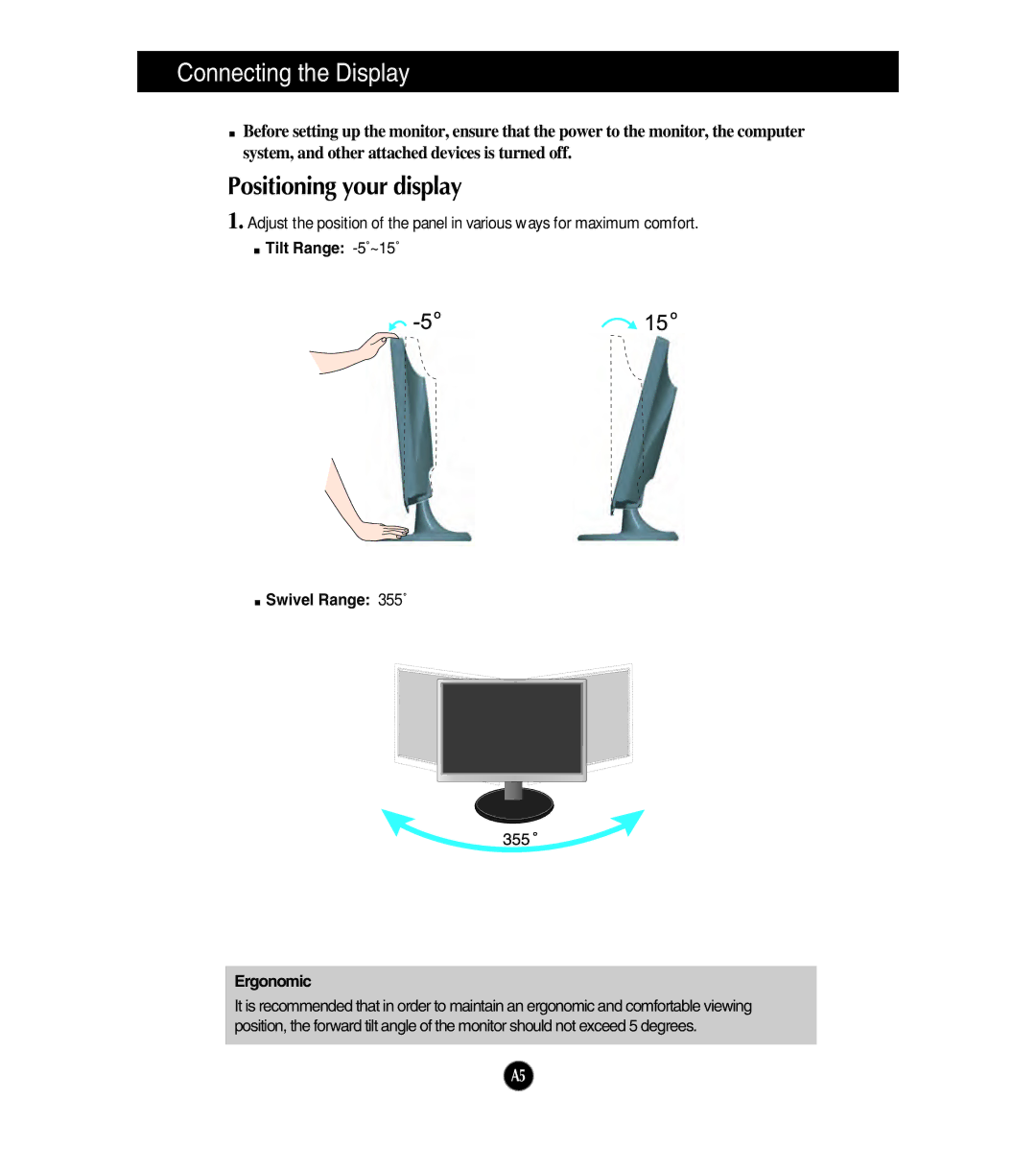 LG Electronics W2453SQ manual Positioning your display, Tilt Range -5˚~15˚ Swivel Range 355˚ Ergonomic 