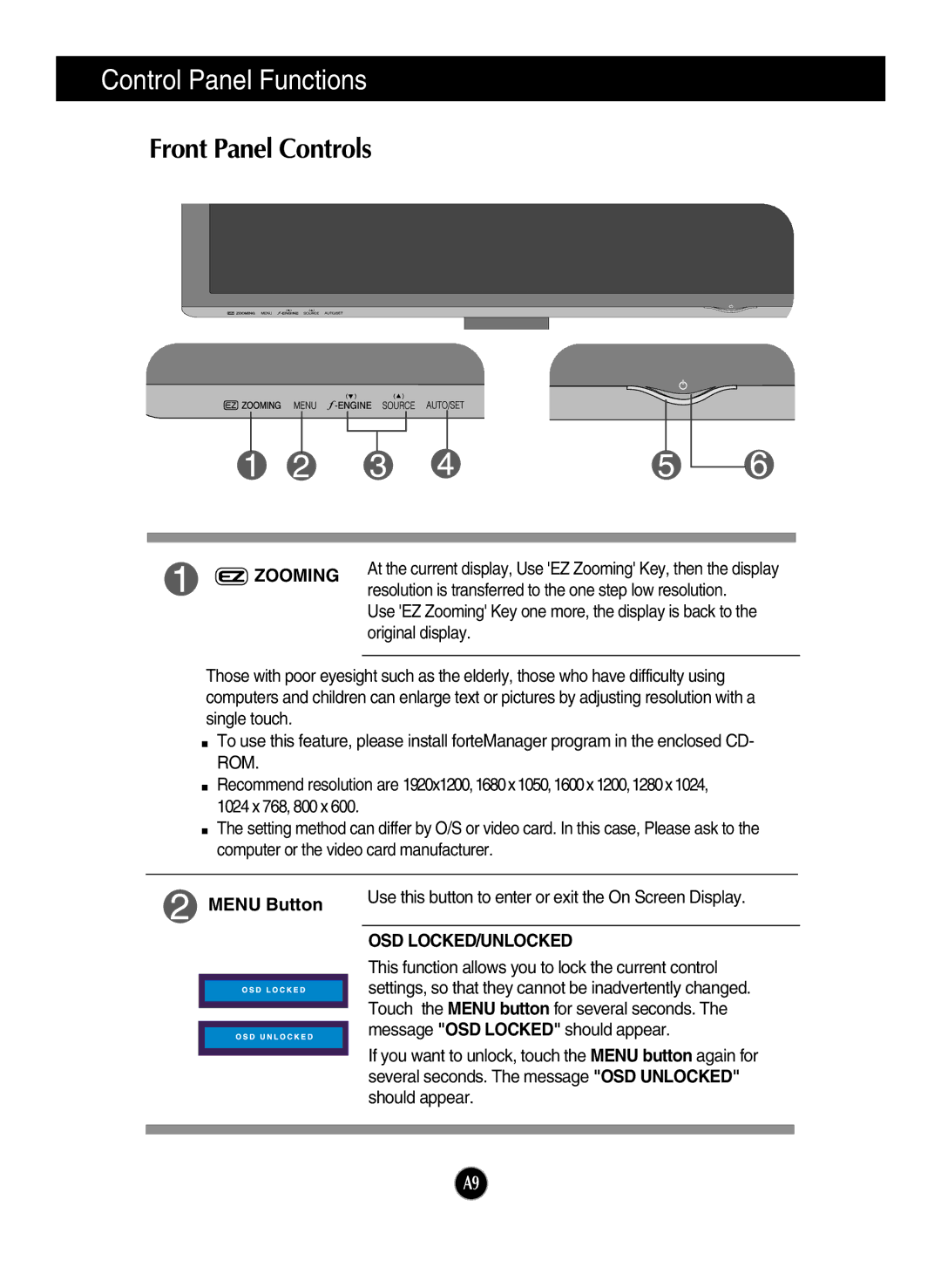 LG Electronics W2600HP manual Control Panel Functions, Front Panel Controls, Zooming, Menu Button, Osd Locked/Unlocked 