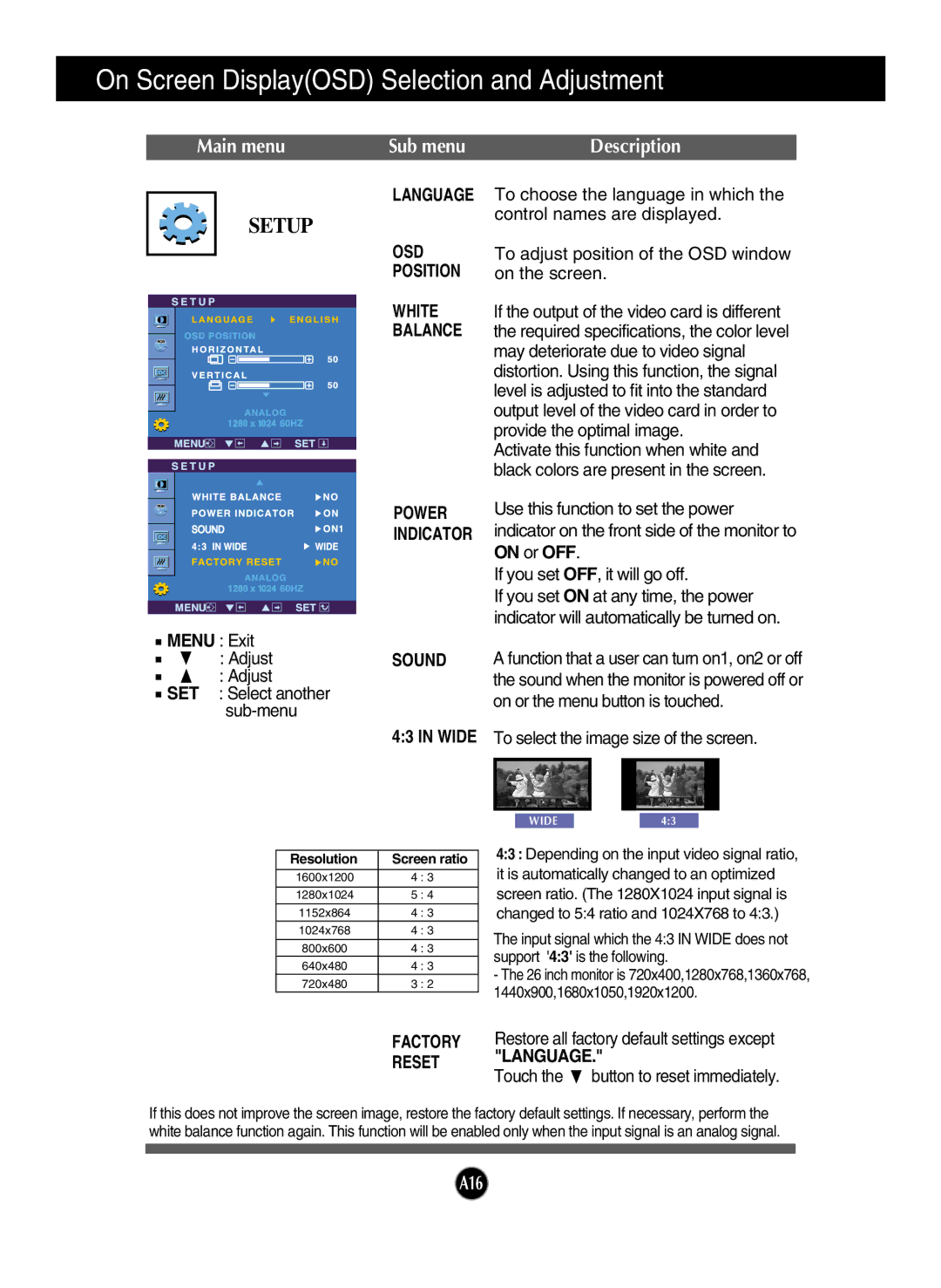 LG Electronics W2600HP manual Osd, Position, White, Balance, Power, Indicator, Sound, Factory, Reset Language 