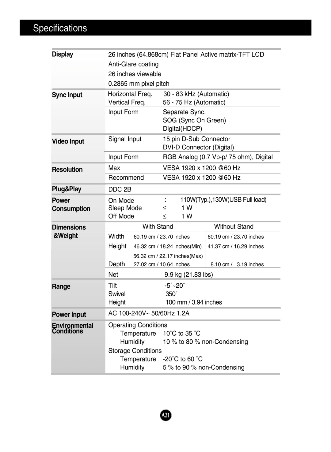 LG Electronics W2600HP manual Specifications, Display 