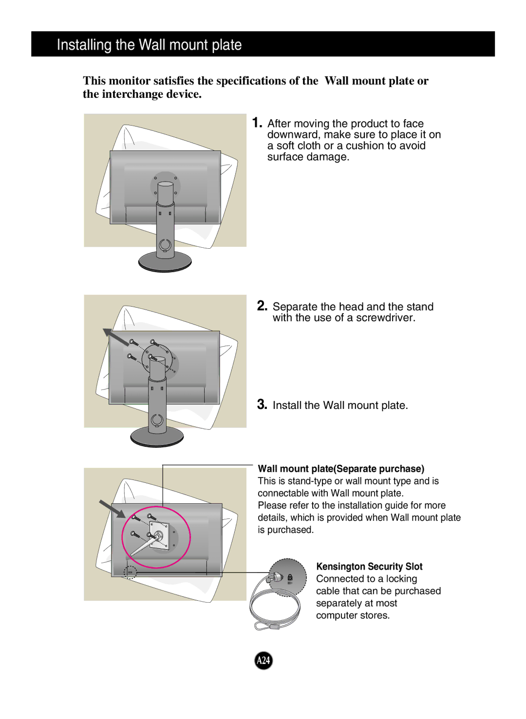 LG Electronics W2600HP manual Installing the Wall mount plate, Wall mount plateSeparate purchase, Kensington Security Slot 