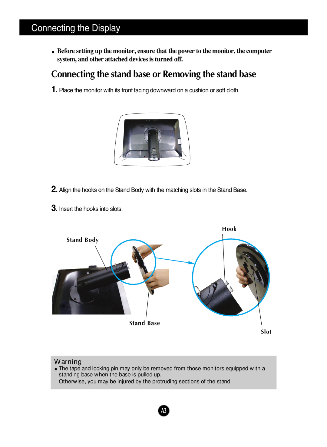 LG Electronics W2600HP manual Connecting the Display, Connecting the stand base or Removing the stand base 