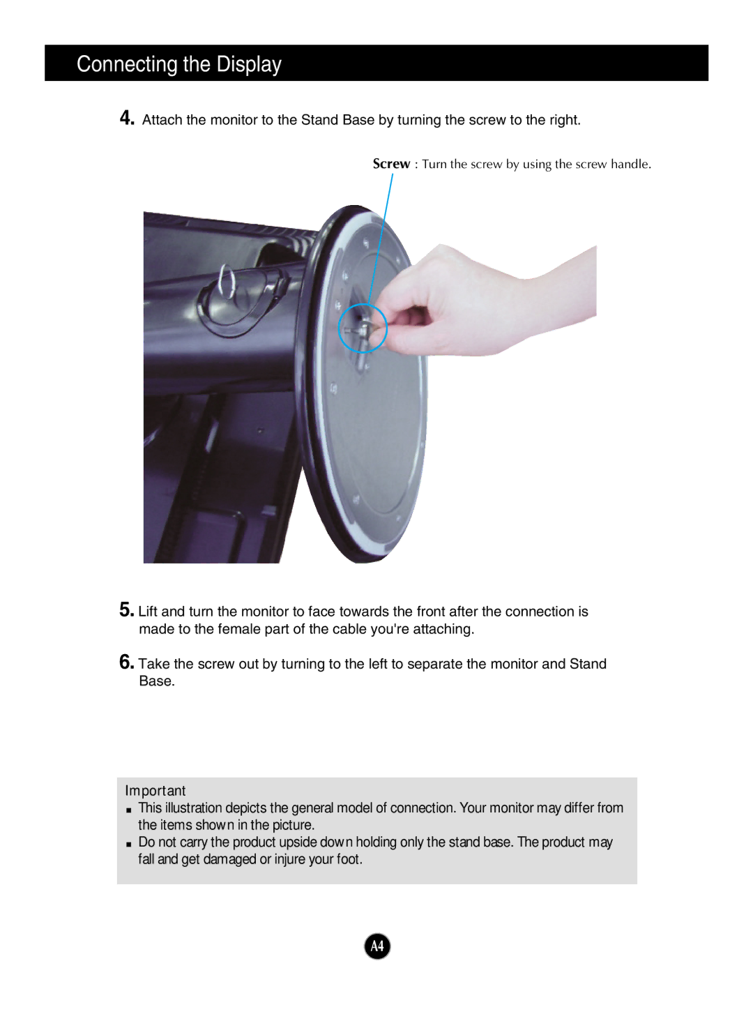 LG Electronics W2600HP manual Screw Turn the screw by using the screw handle 