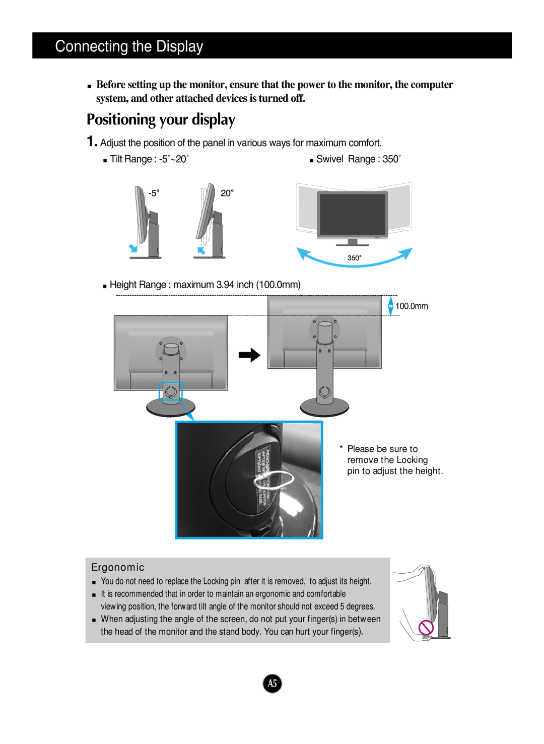 LG Electronics W2600HP manual Positioning your display, Ergonomic 