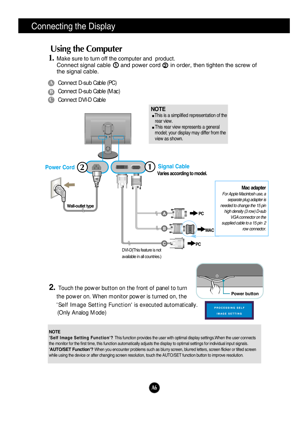 LG Electronics W2600HP manual Using the Computer, Power Cord 2 1 Signal Cable 