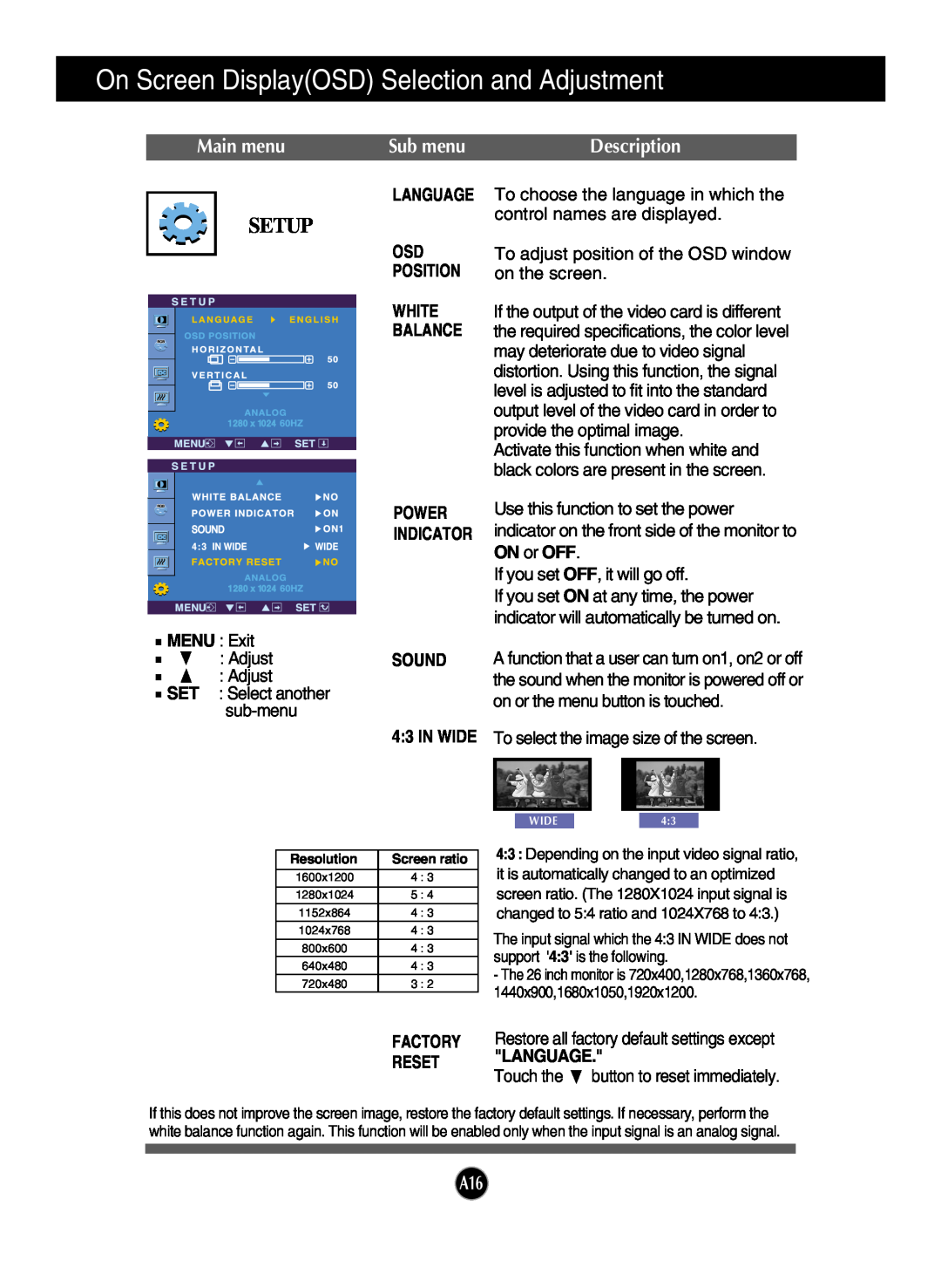 LG Electronics W2600HP Setup, On Screen DisplayOSD Selection and Adjustment, Main menu, Sub menu, Description, MENU Exit 
