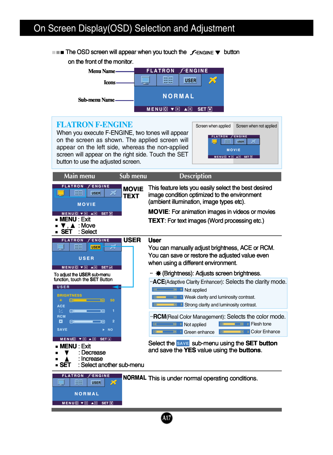 LG Electronics W2600H On Screen DisplayOSD Selection and Adjustment, Flatron F-Engine, Main menu, Description, Movie, Text 