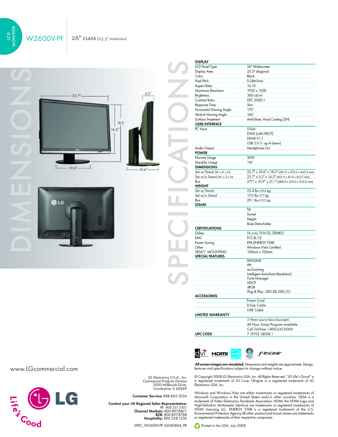 LG Electronics W2600V-PF Display, User Interface, Power, Dimensions, Weight, Stand, Certifications, Special Features 